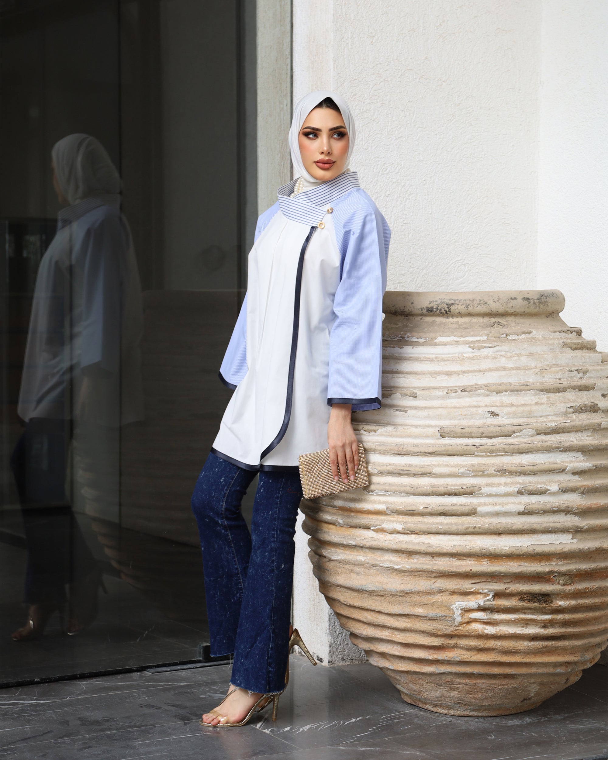 Shirt Model 1034 - Poplin - White & Light Blue