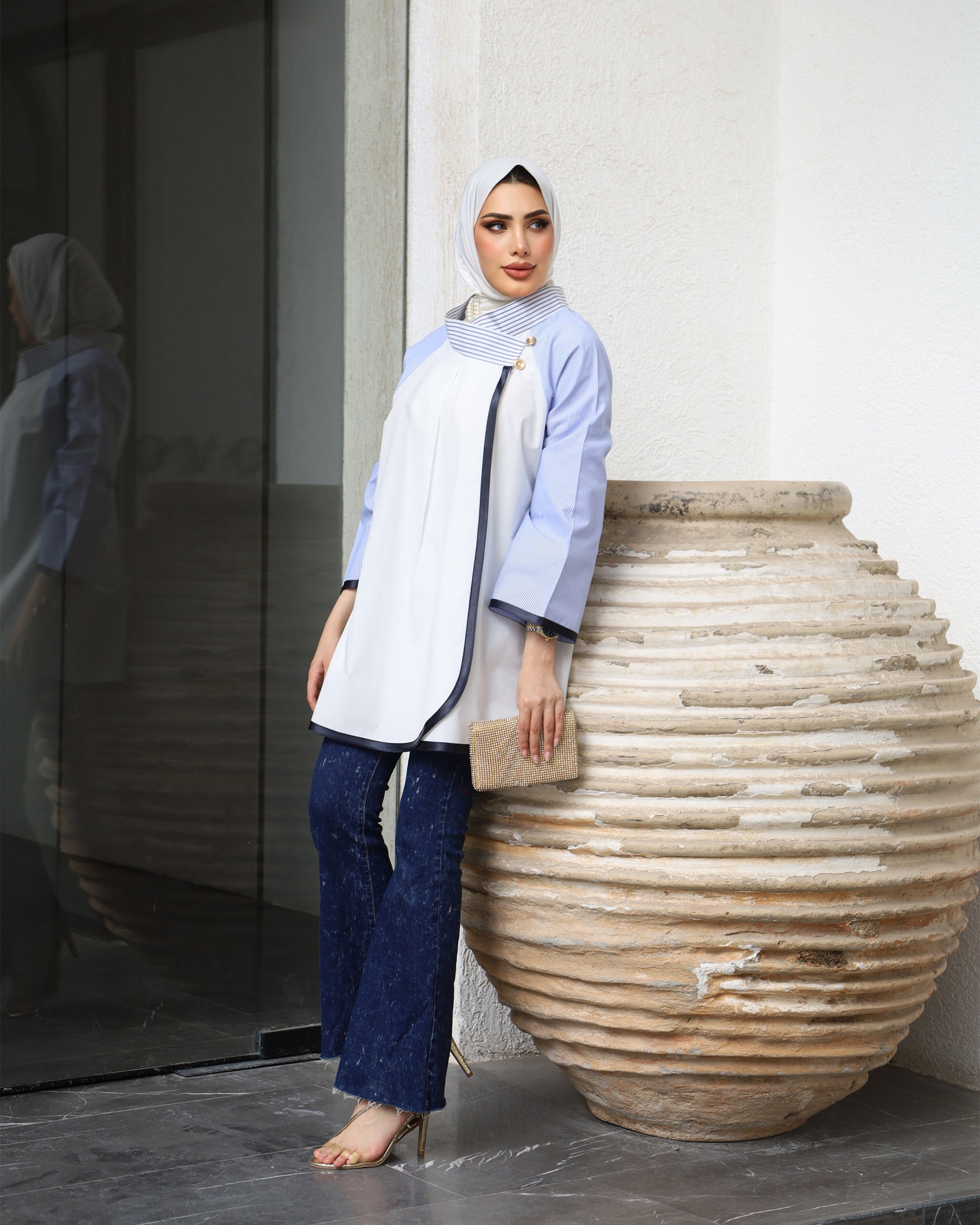 Shirt Model 1034 - Poplin - White & Light Blue