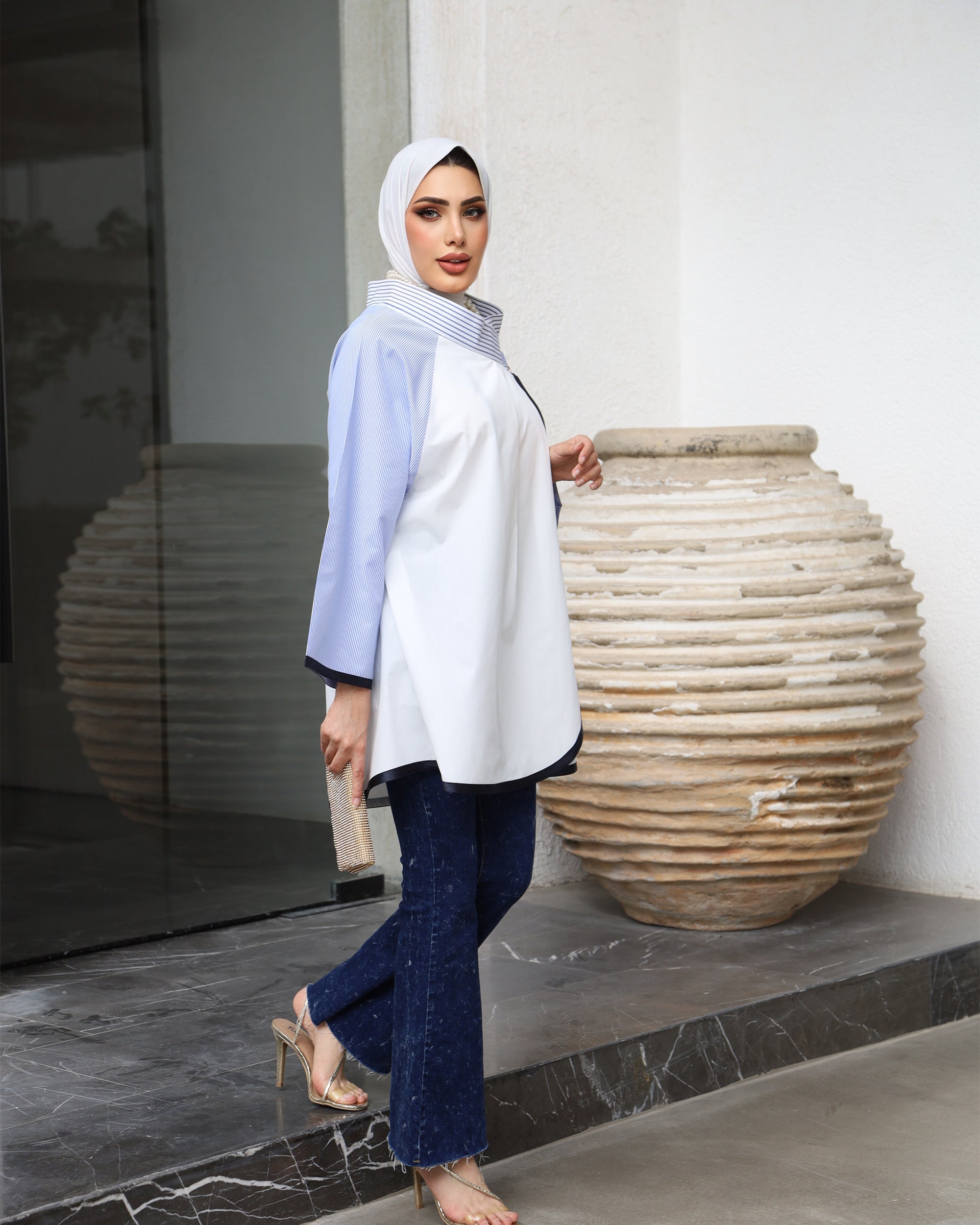 Shirt Model 1034 - Poplin - White & Light Blue