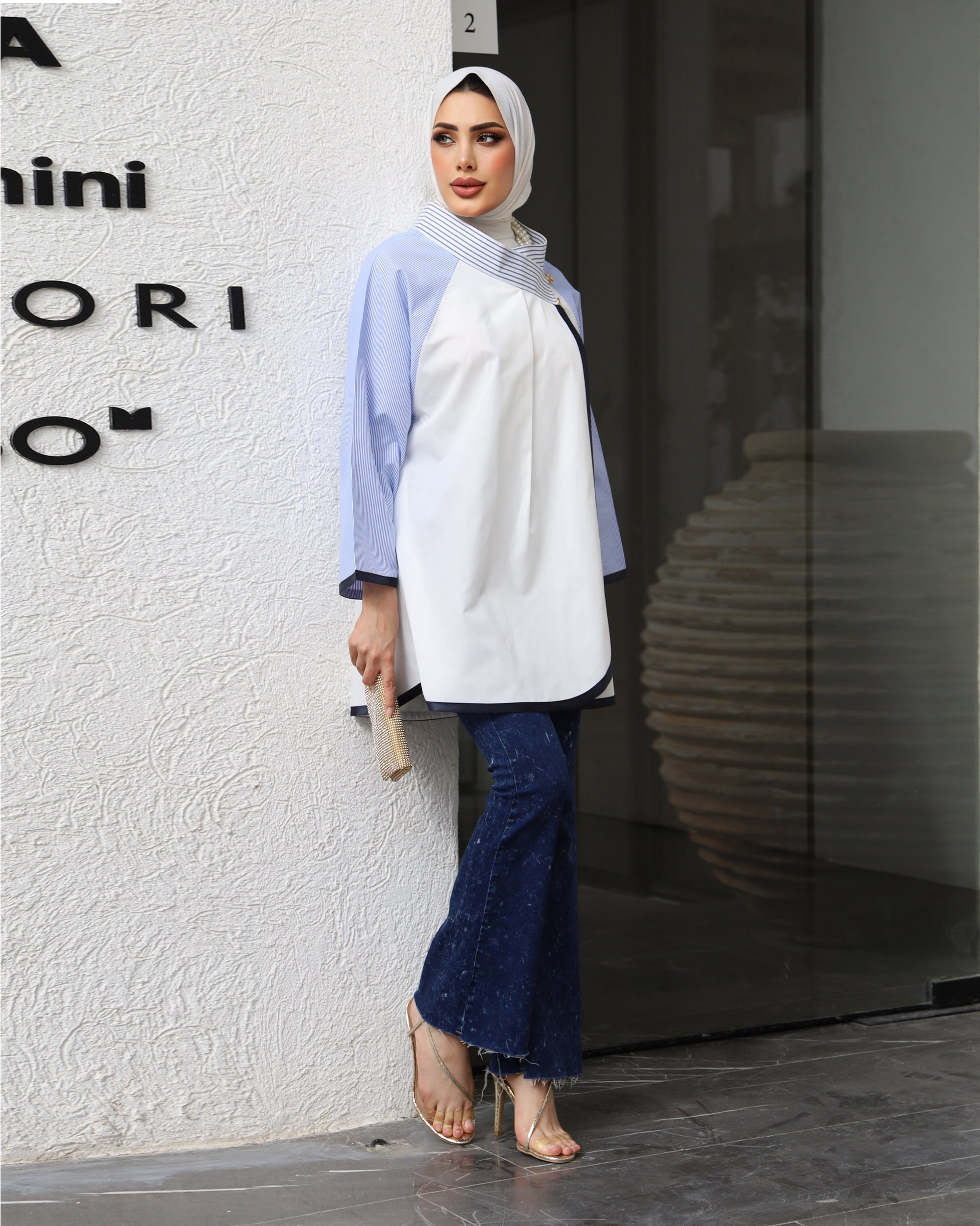 Shirt Model 1034 - Poplin - White & Light Blue