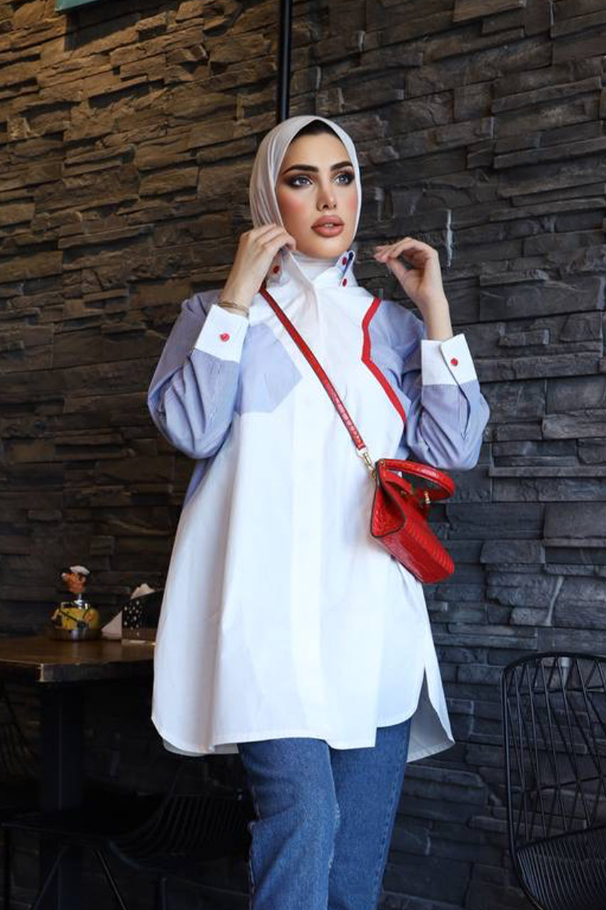 Shirt Model 1037 - Poplin - White & Blue