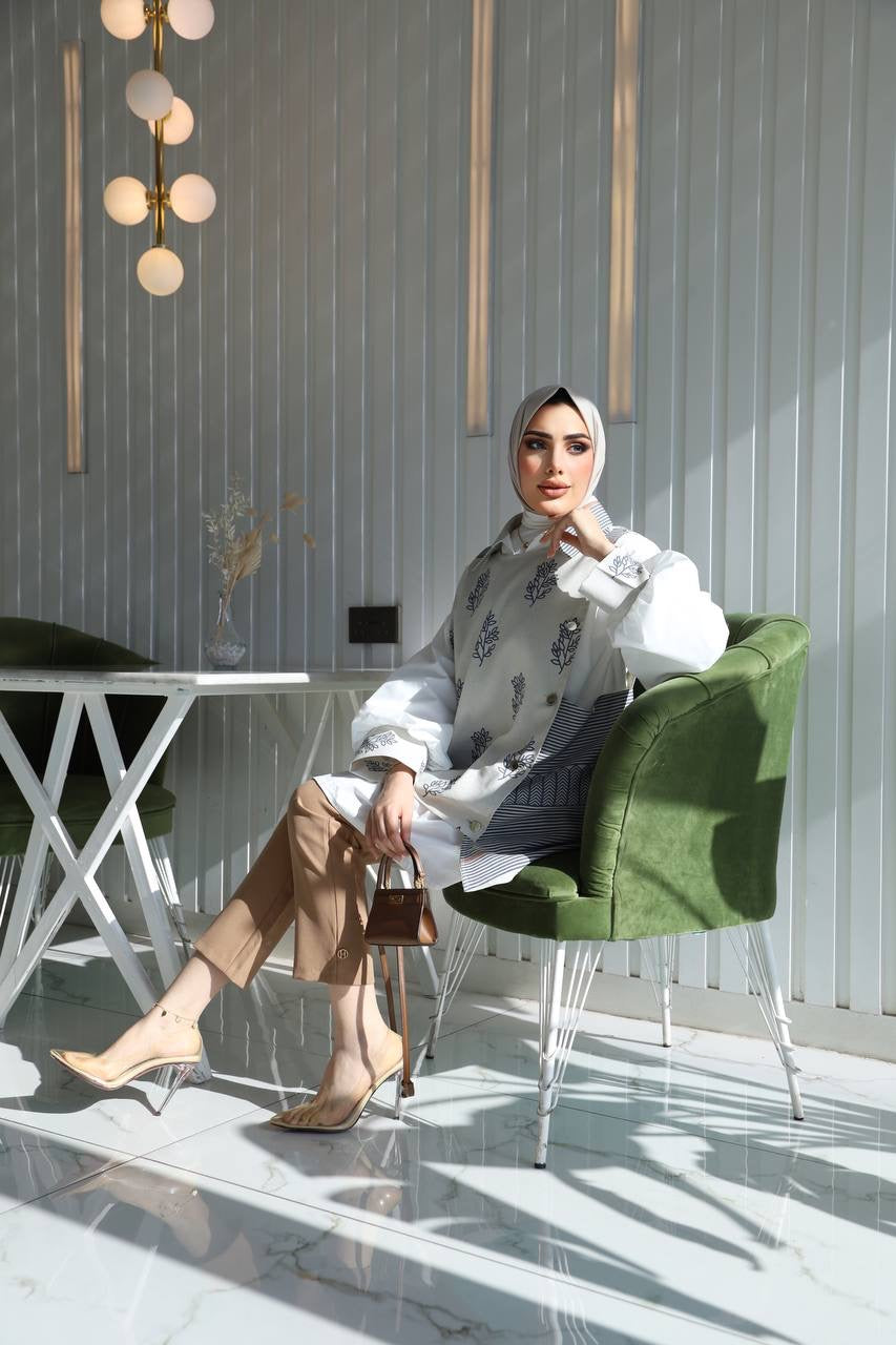 Shirt & Vest Model 1038 - Poplin & Linen - White & Gray