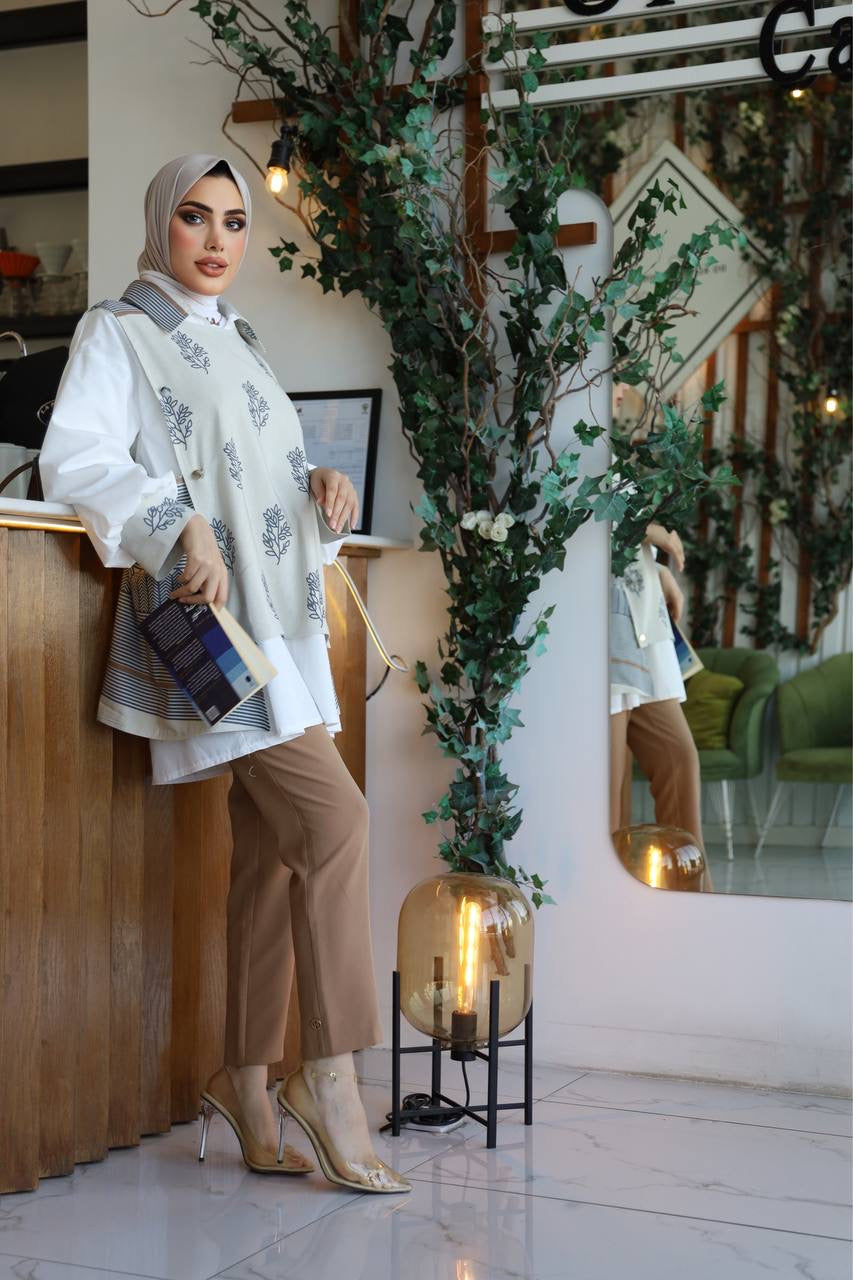 Shirt & Vest Model 1038 - Poplin & Linen - White & Gray