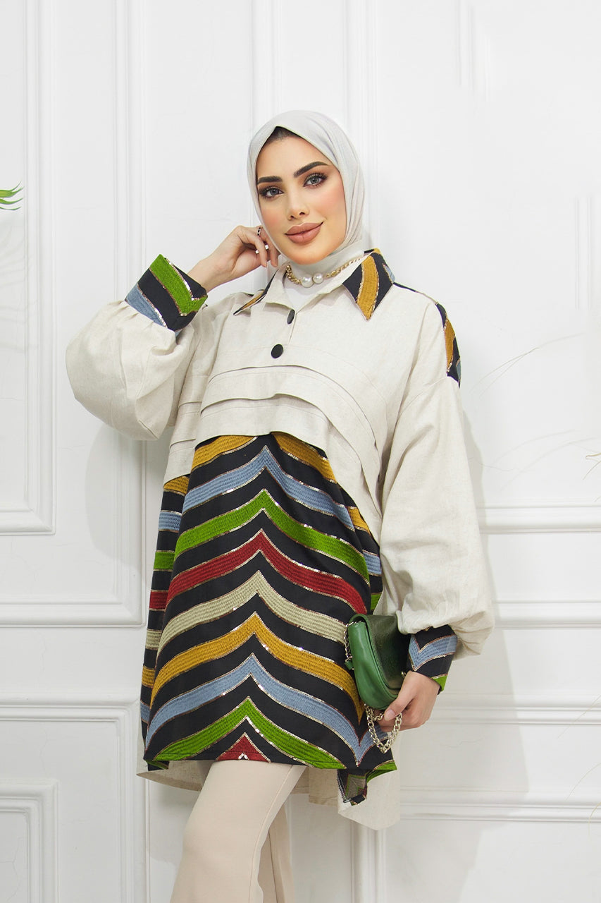 Shirt Model 1041 - Linen & Cotton - Beige & Colored