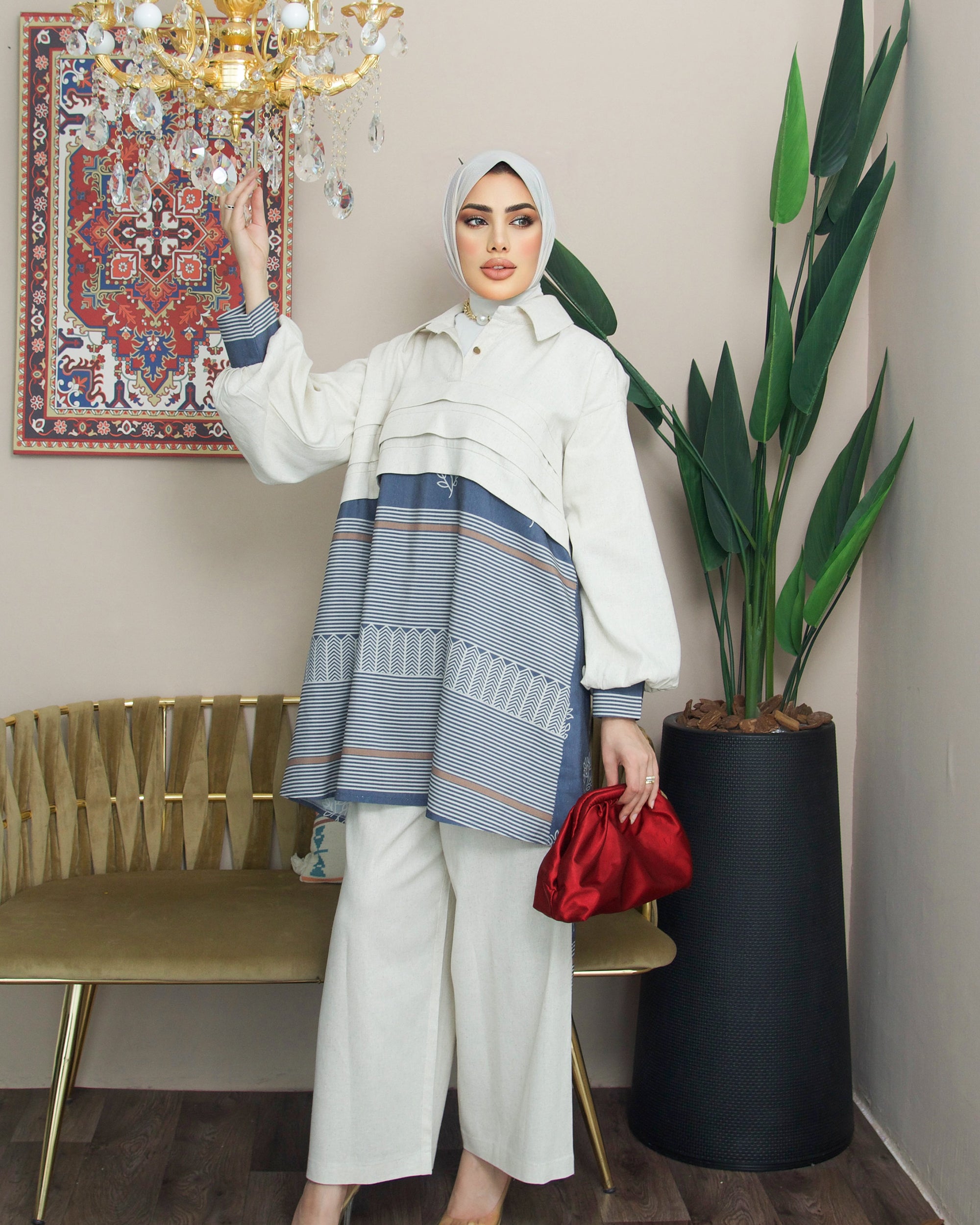 Shirt & Pants Model 1042 - Linen & Cotton - White & Blue