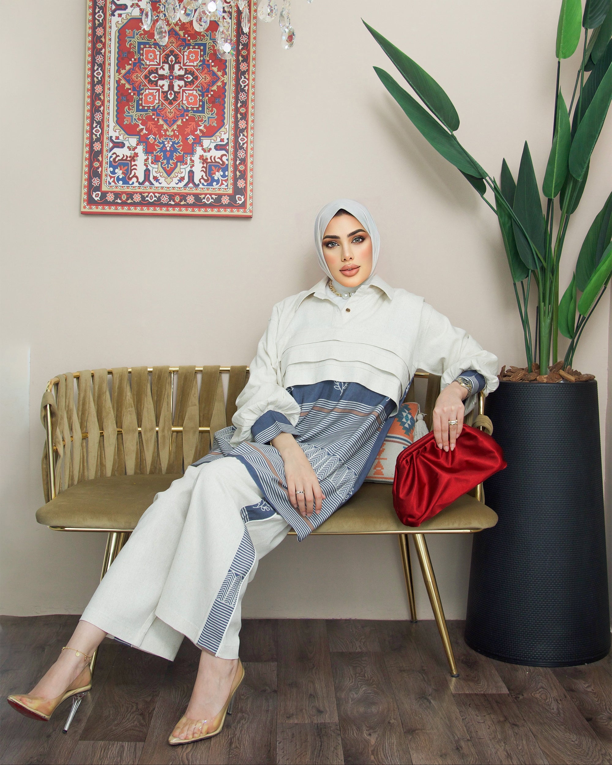 Shirt & Pants Model 1042 - Linen & Cotton - White & Blue