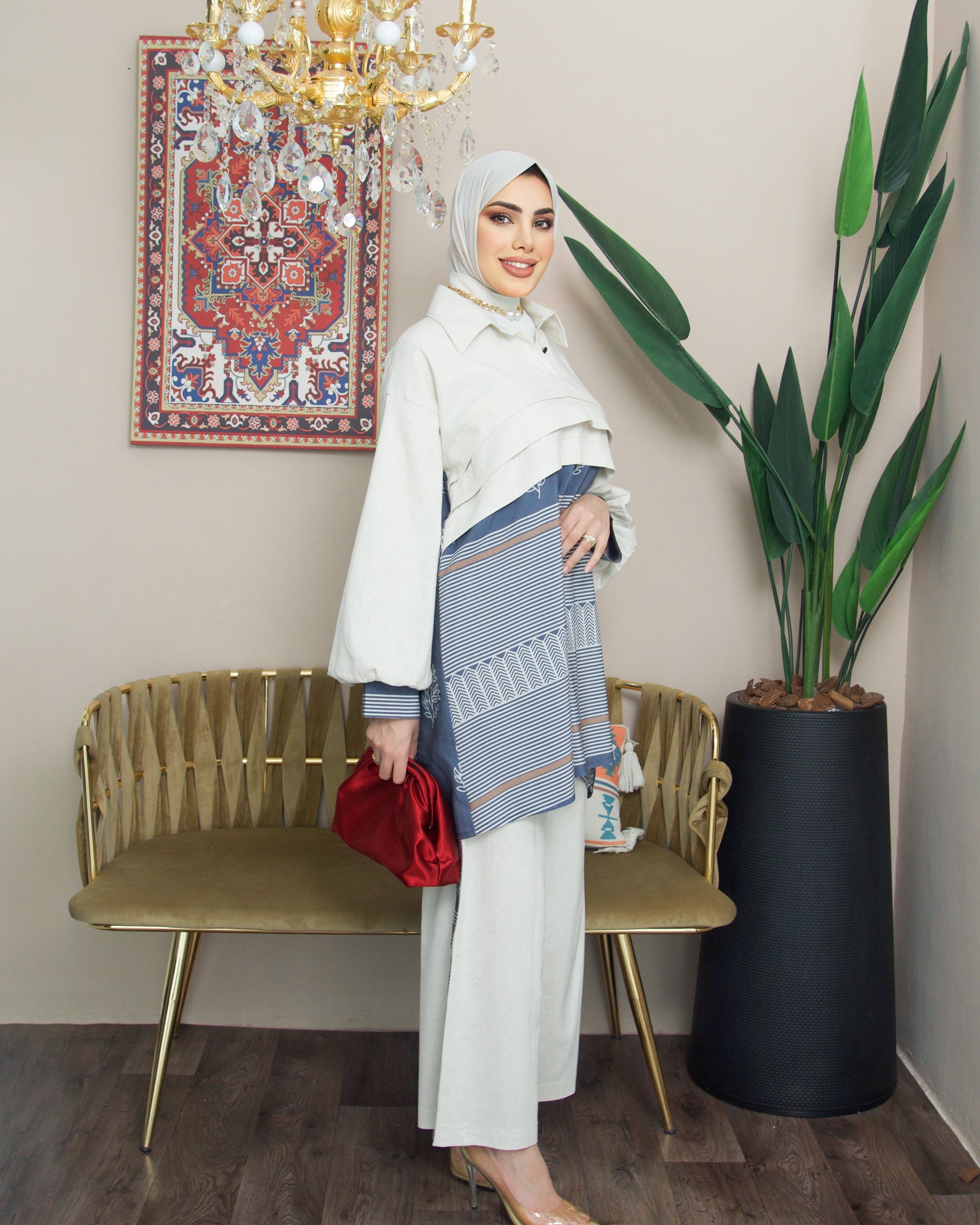 Shirt & Pants Model 1042 - Linen & Cotton - White & Blue