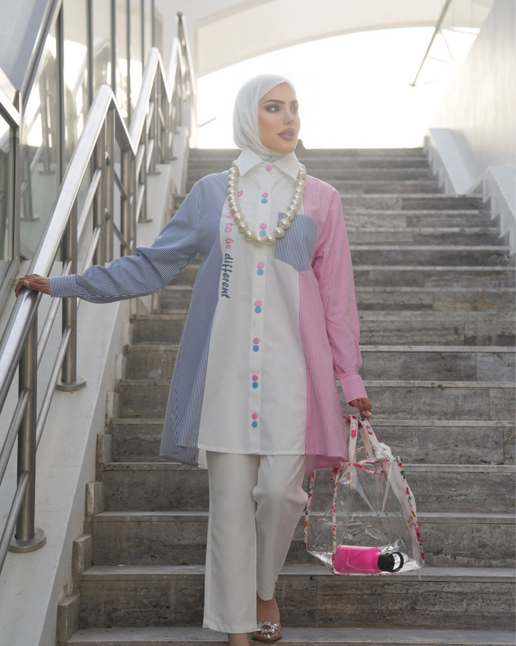 Shirt Model 1071 - Poplin - Blue & Pink