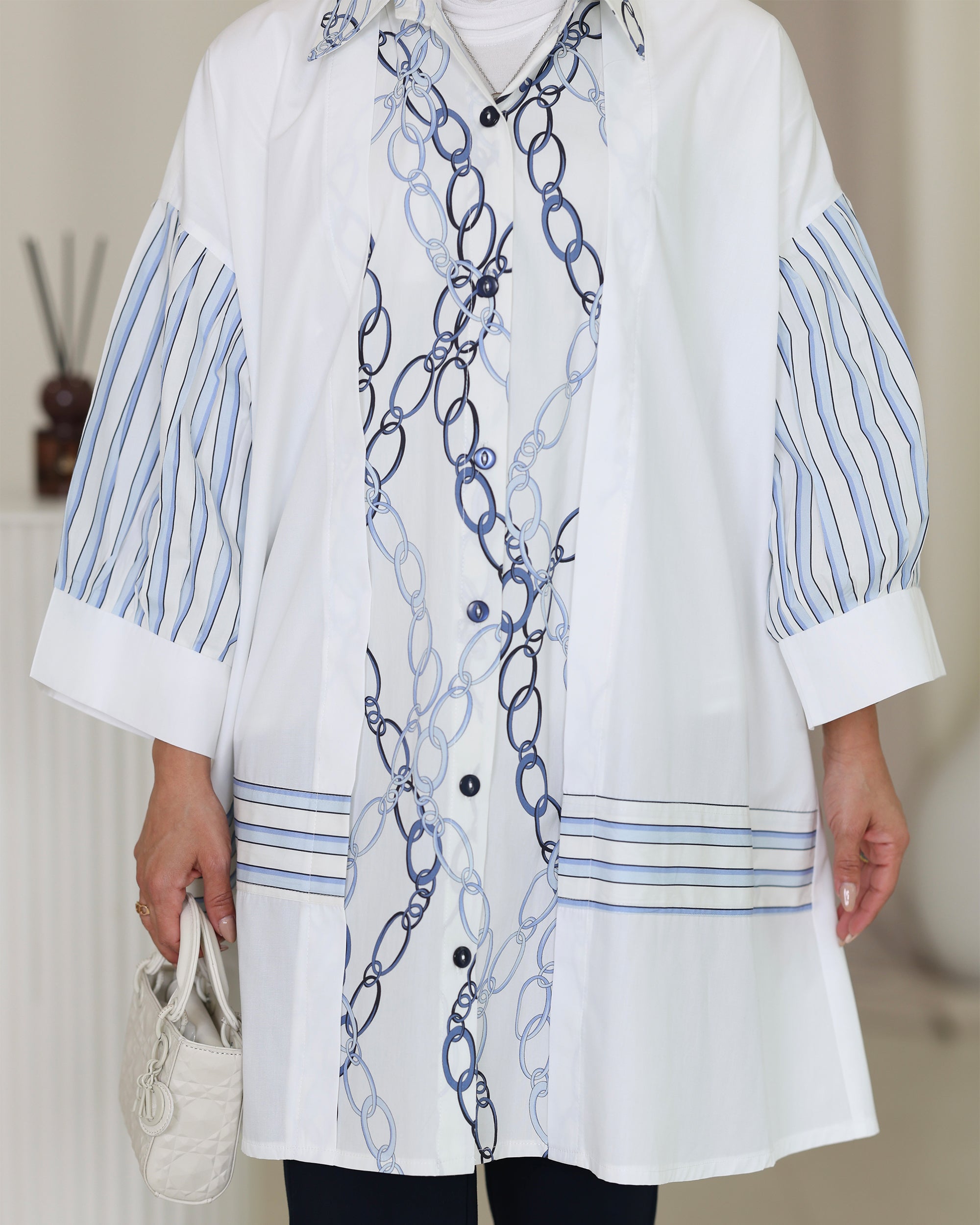 Shirt Model 1076 - Poplin & Turkish Cotton - White & Blue