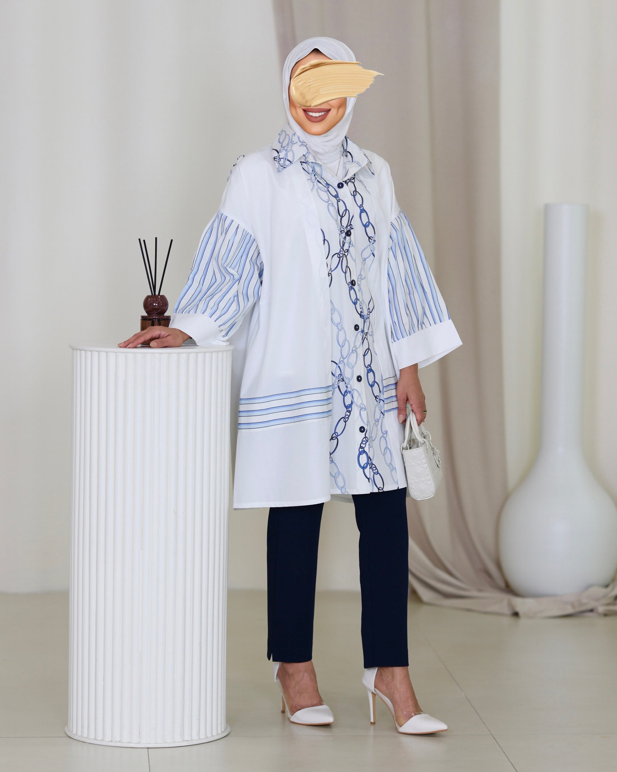 Shirt Model 1076 - Poplin & Turkish Cotton - White & Blue