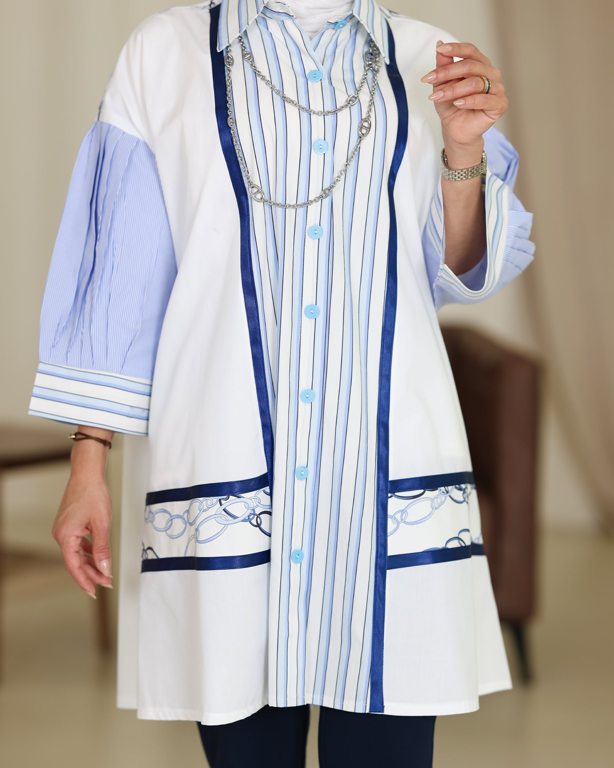 Shirt Model 1077 - Poplin & Turkish Cotton - White & Blue