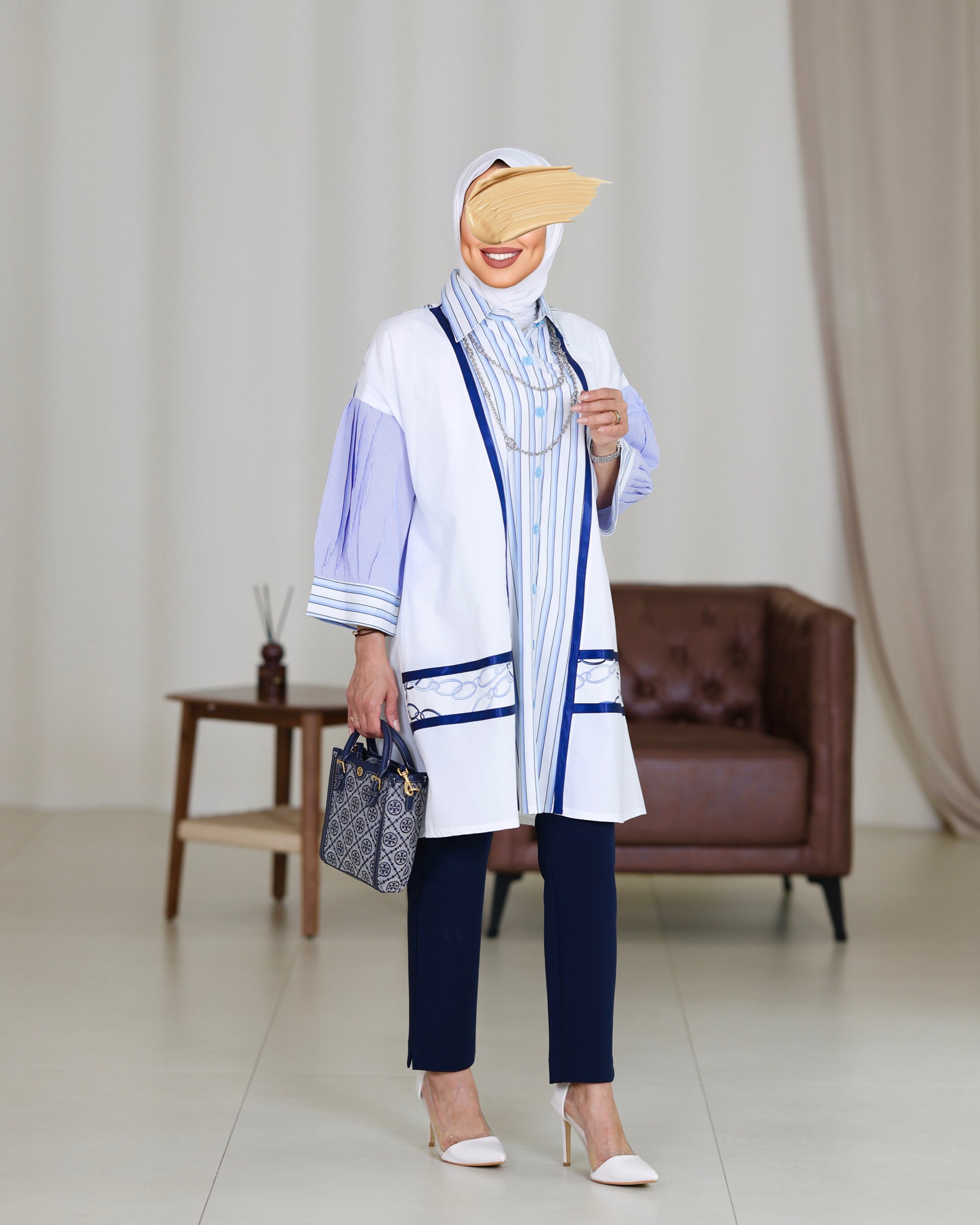 Shirt Model 1077 - Poplin & Turkish Cotton - White & Blue