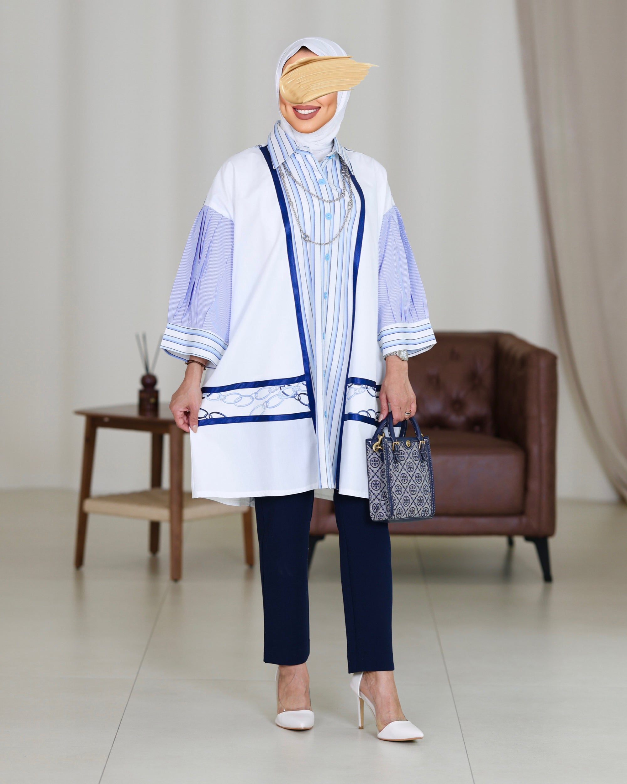 Shirt Model 1077 - Poplin & Turkish Cotton - White & Blue