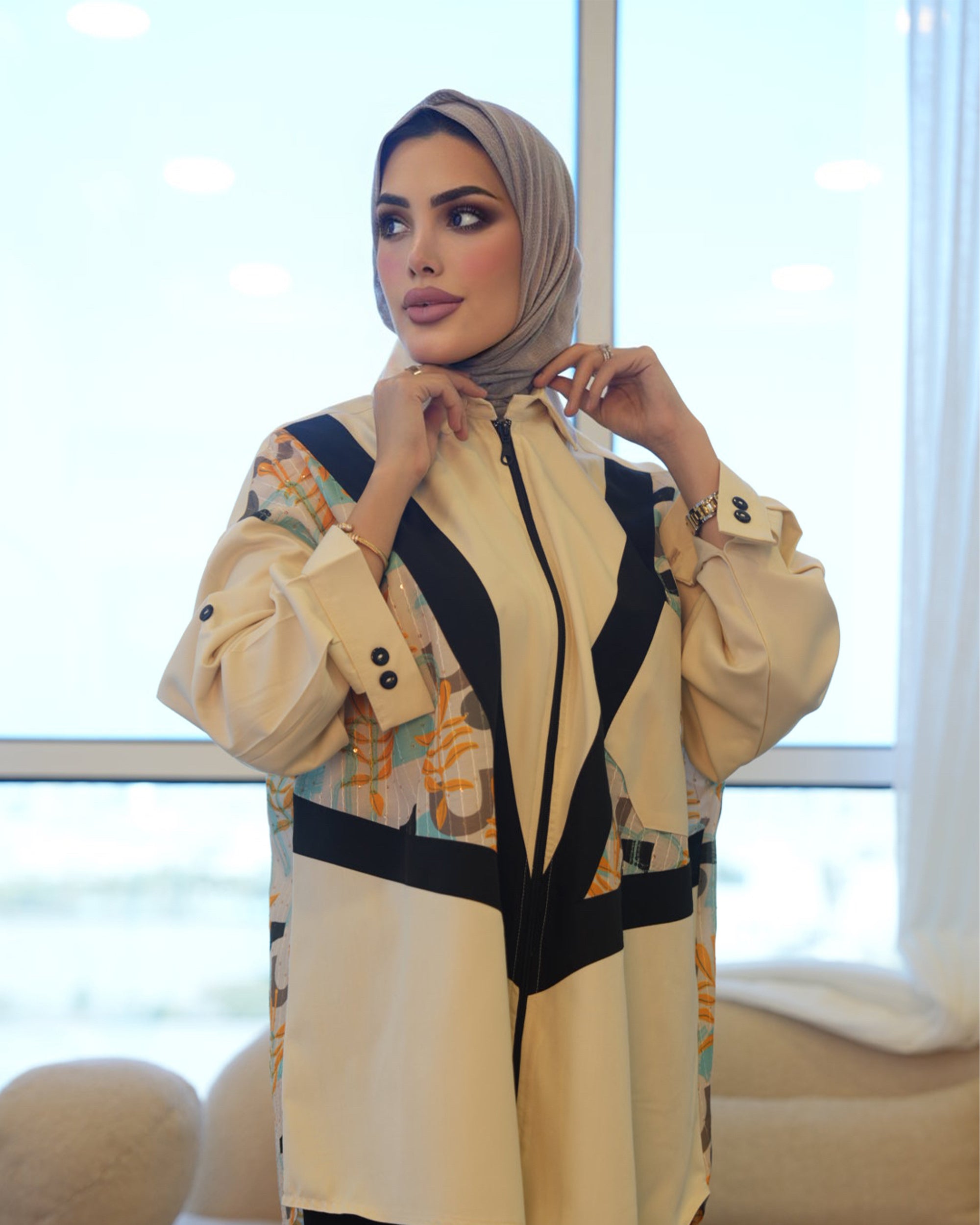 Shirt Model 1079 - Gabardine Cotton - Beige & Black