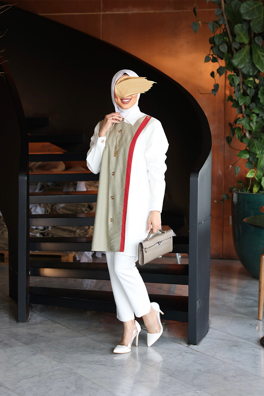 Shirt Model 1084 - Linen - Beige & White