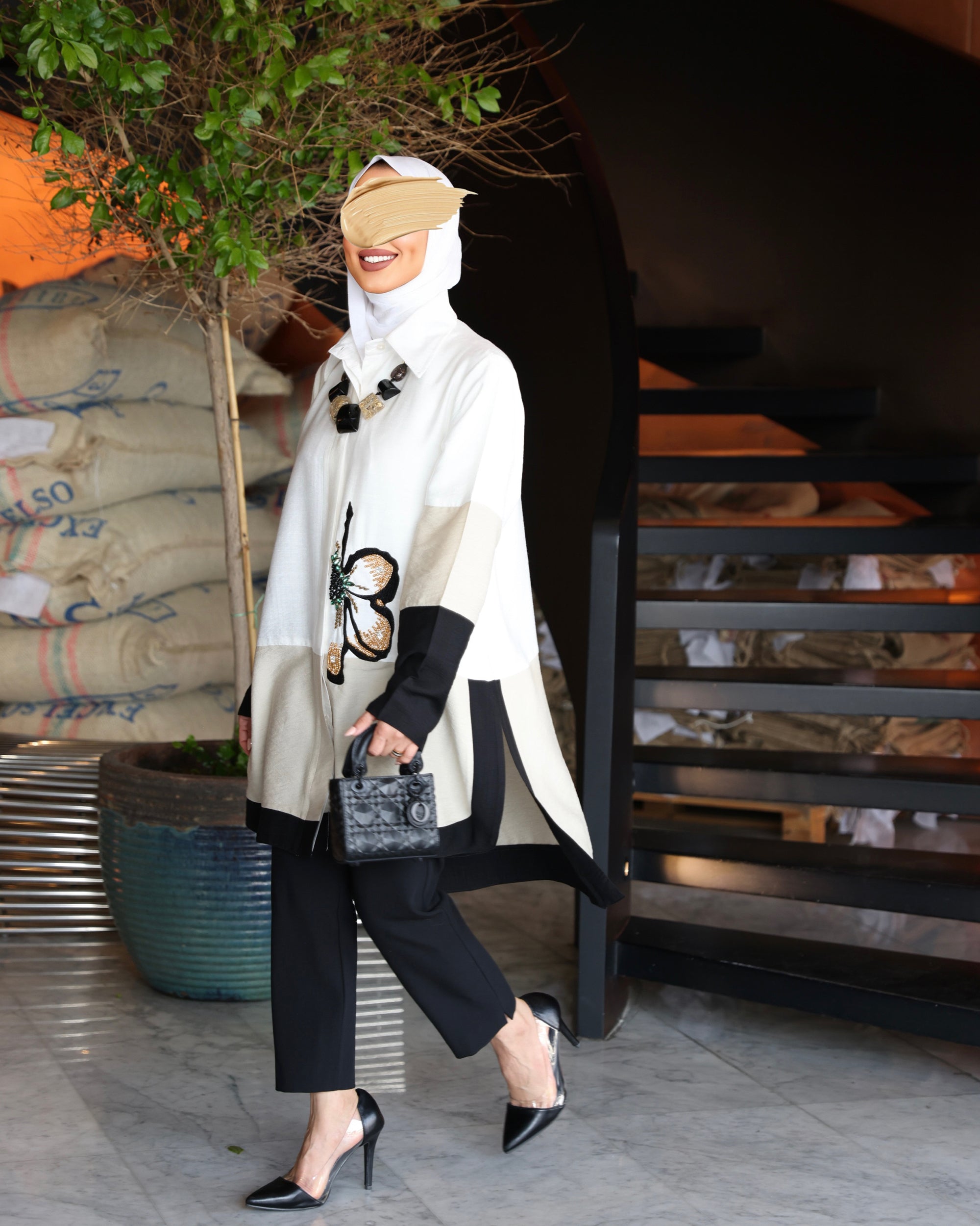 Shirt Model 1085 - Linen - White & Black