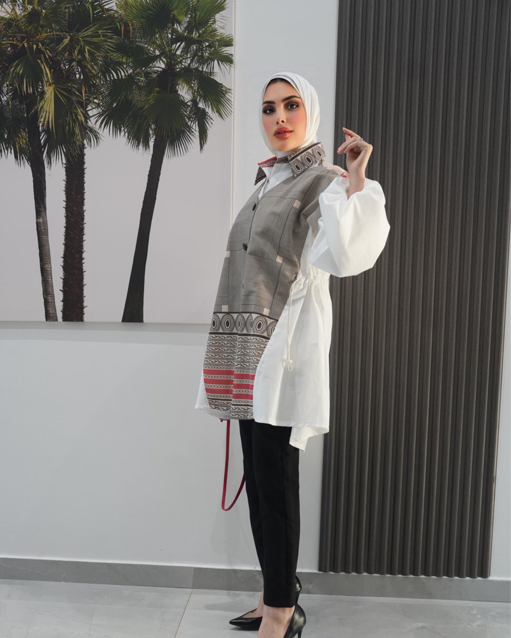 Shirt Model 1086 - Poplin & Linen - Beige & White