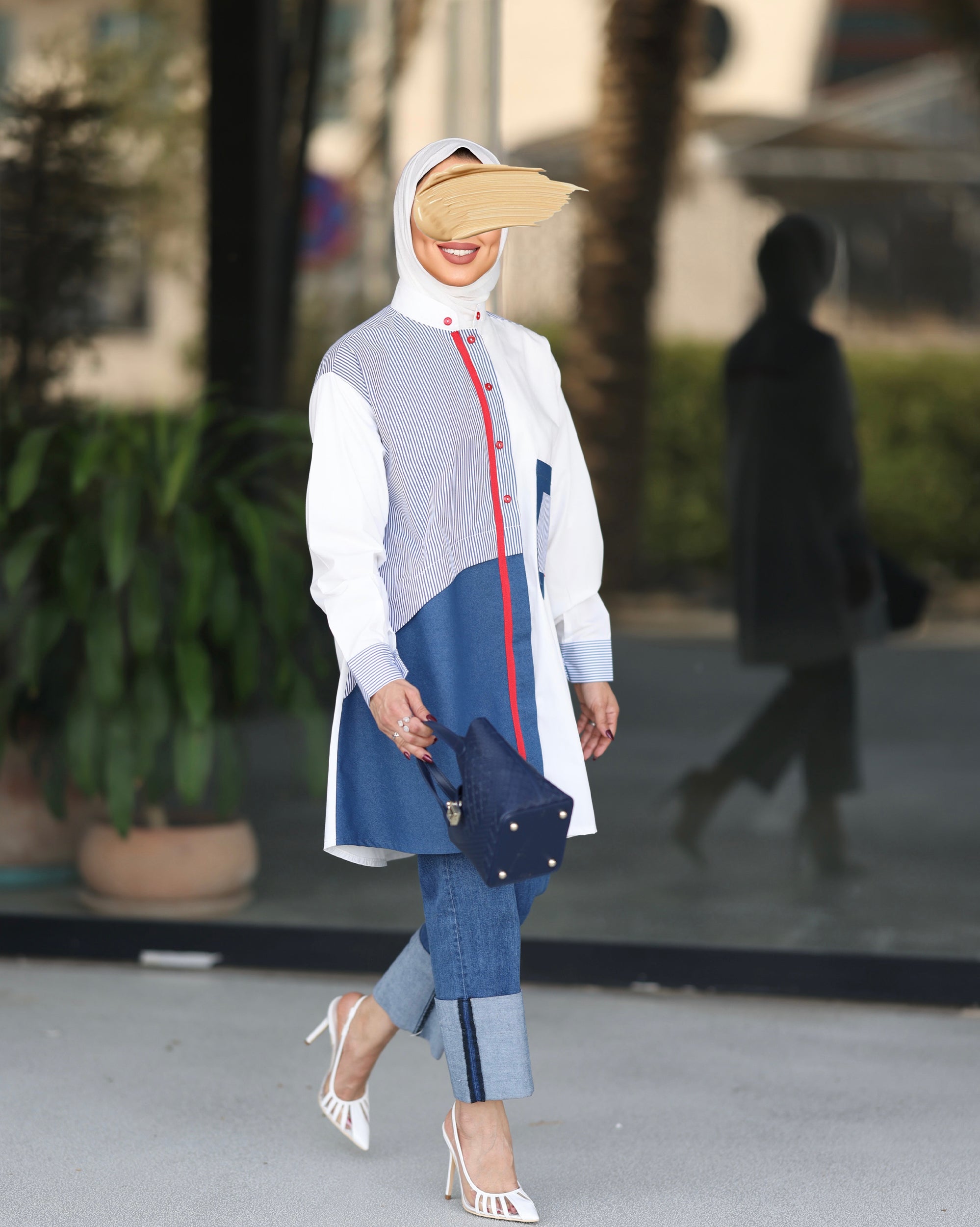 Shirt Model 1091 - Poplin & Jeans - White & Blue