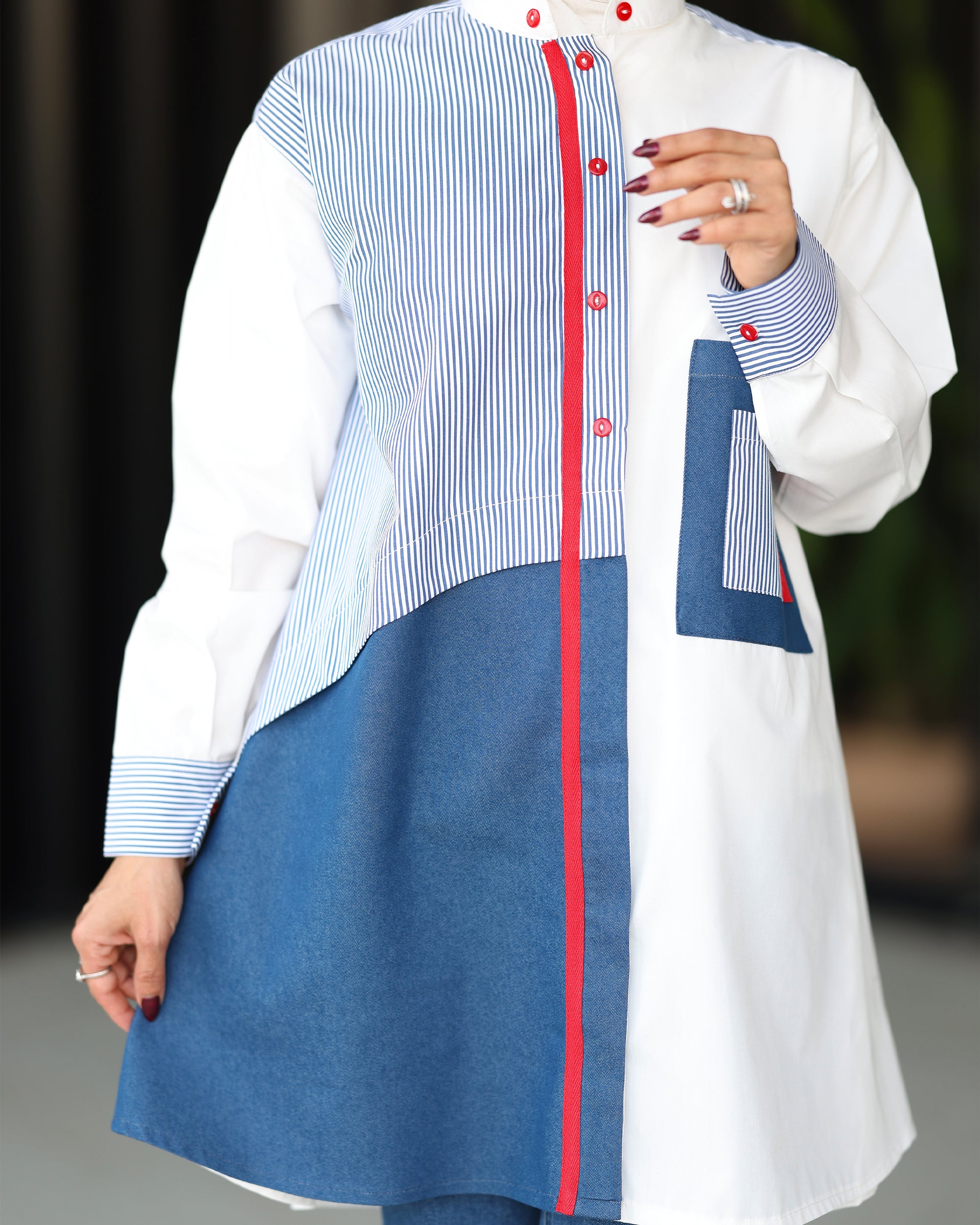 Shirt Model 1091 - Poplin & Jeans - White & Blue