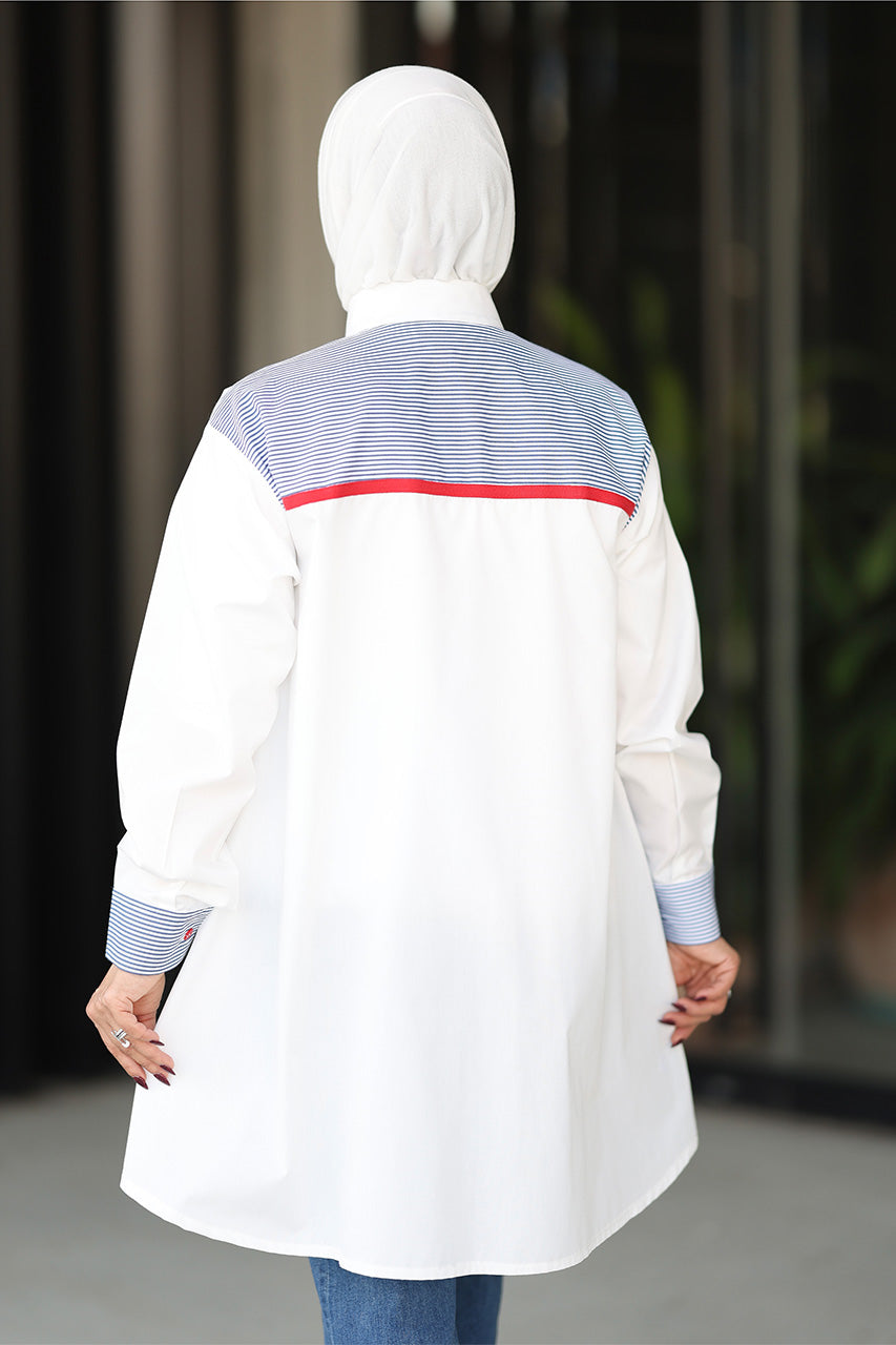 Shirt Model 1091 - Poplin & Jeans - White & Blue
