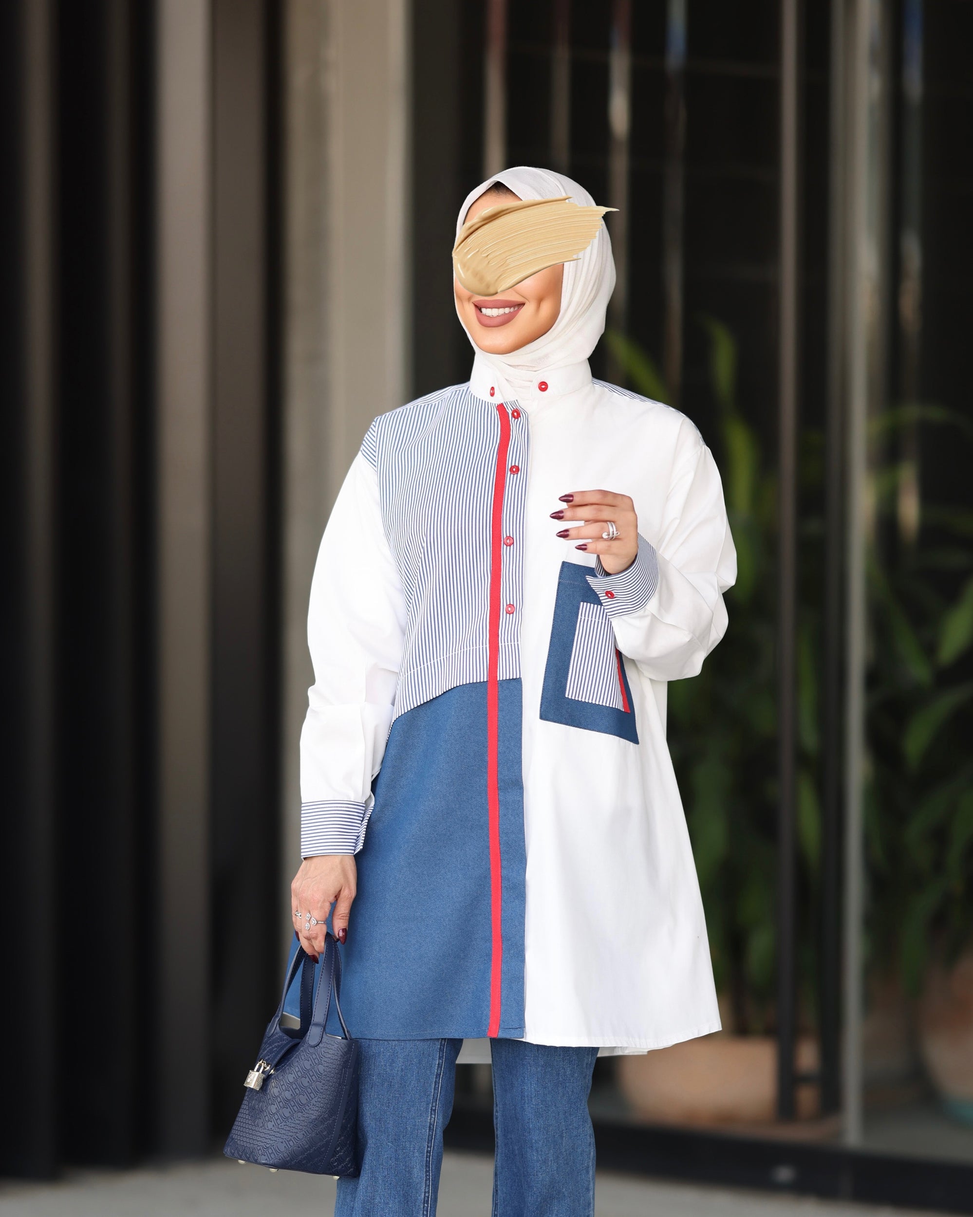 Shirt Model 1091 - Poplin & Jeans - White & Blue