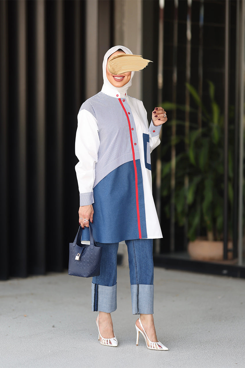 Shirt Model 1091 - Poplin & Jeans - White & Blue