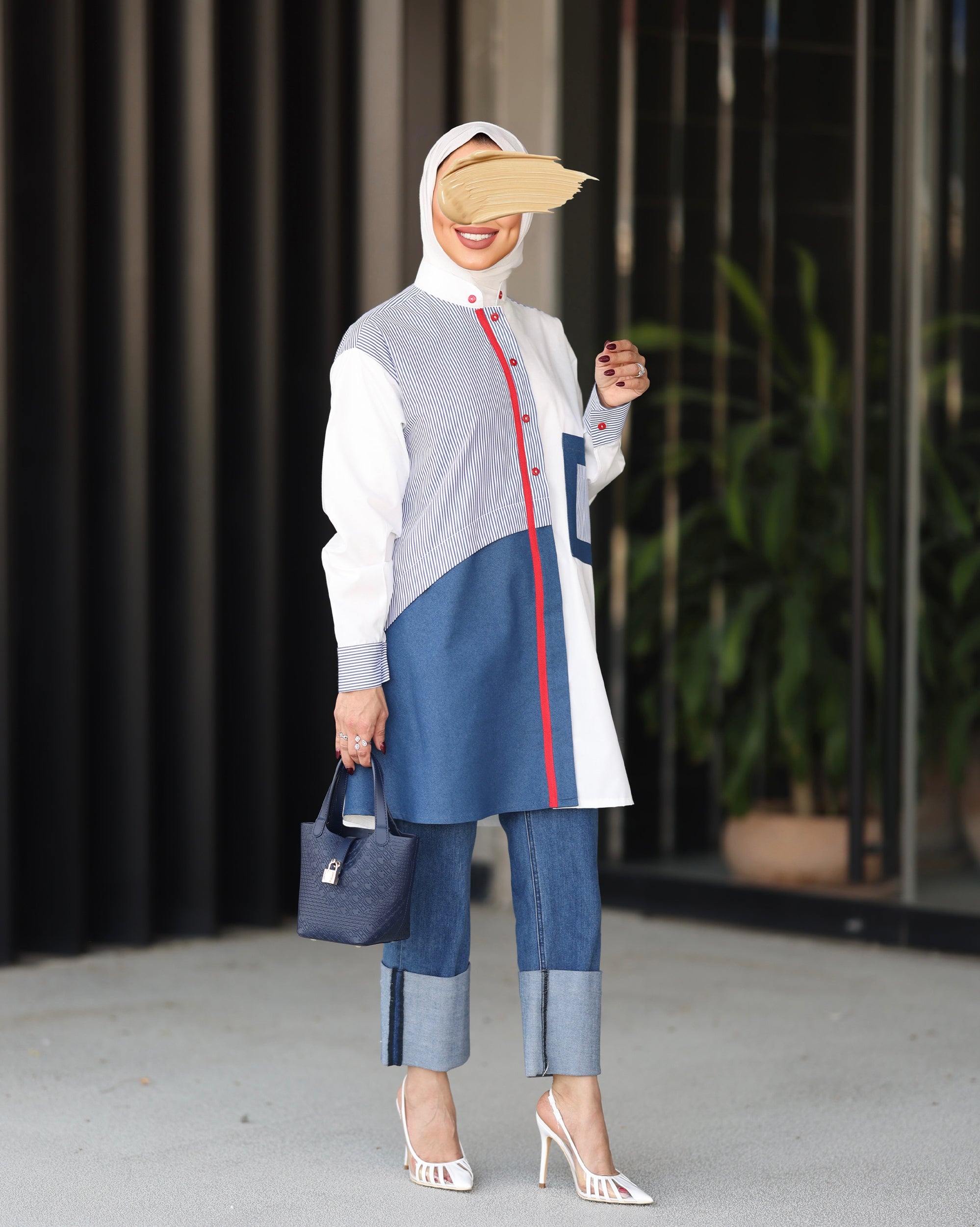 Shirt Model 1091 - Poplin & Jeans - White & Blue