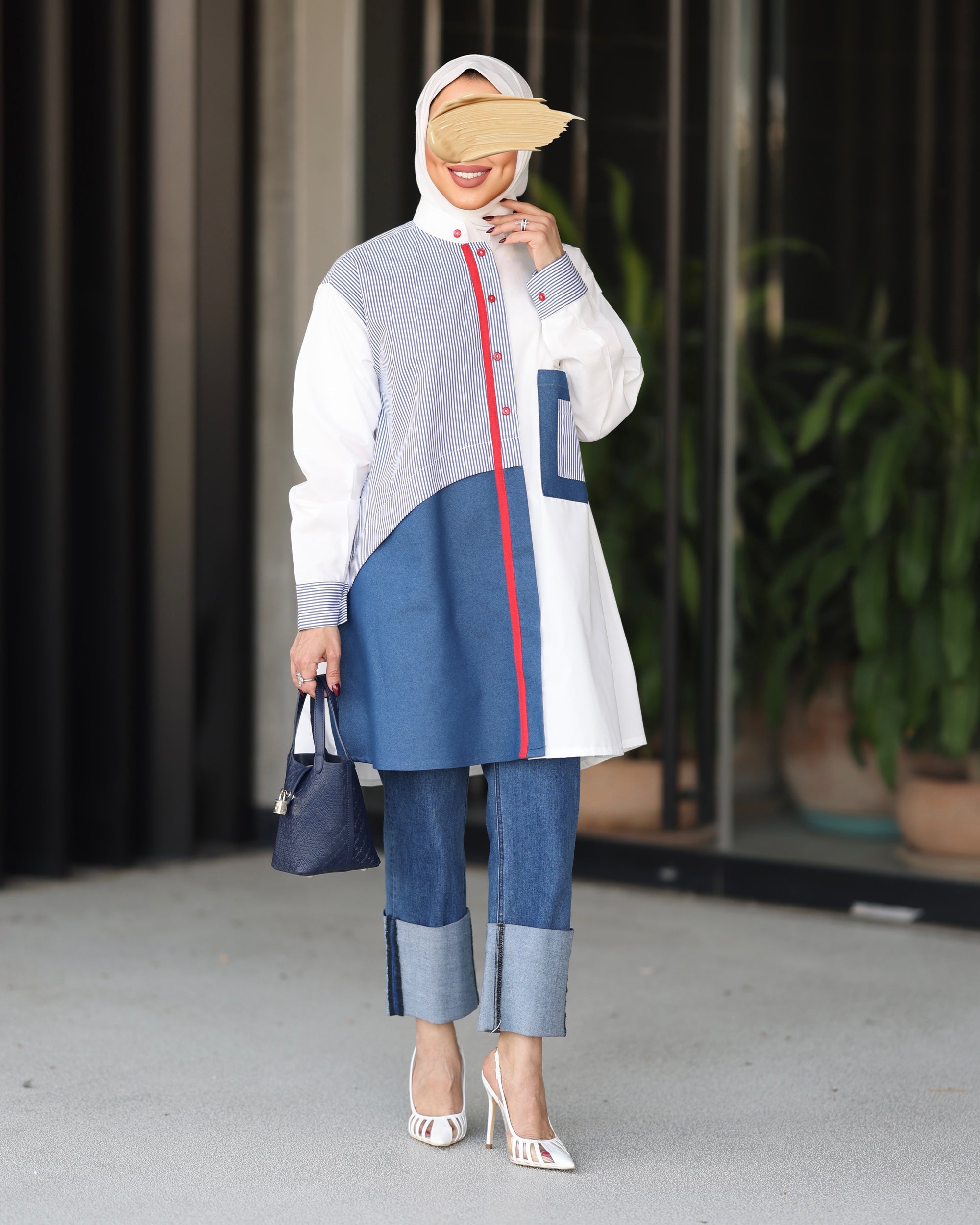 Shirt Model 1091 - Poplin & Jeans - White & Blue