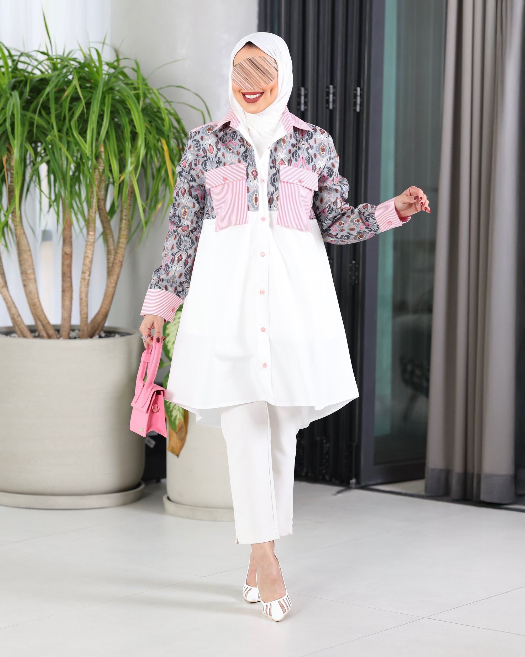 Shirt Model 1093 - Poplin - White & Pink