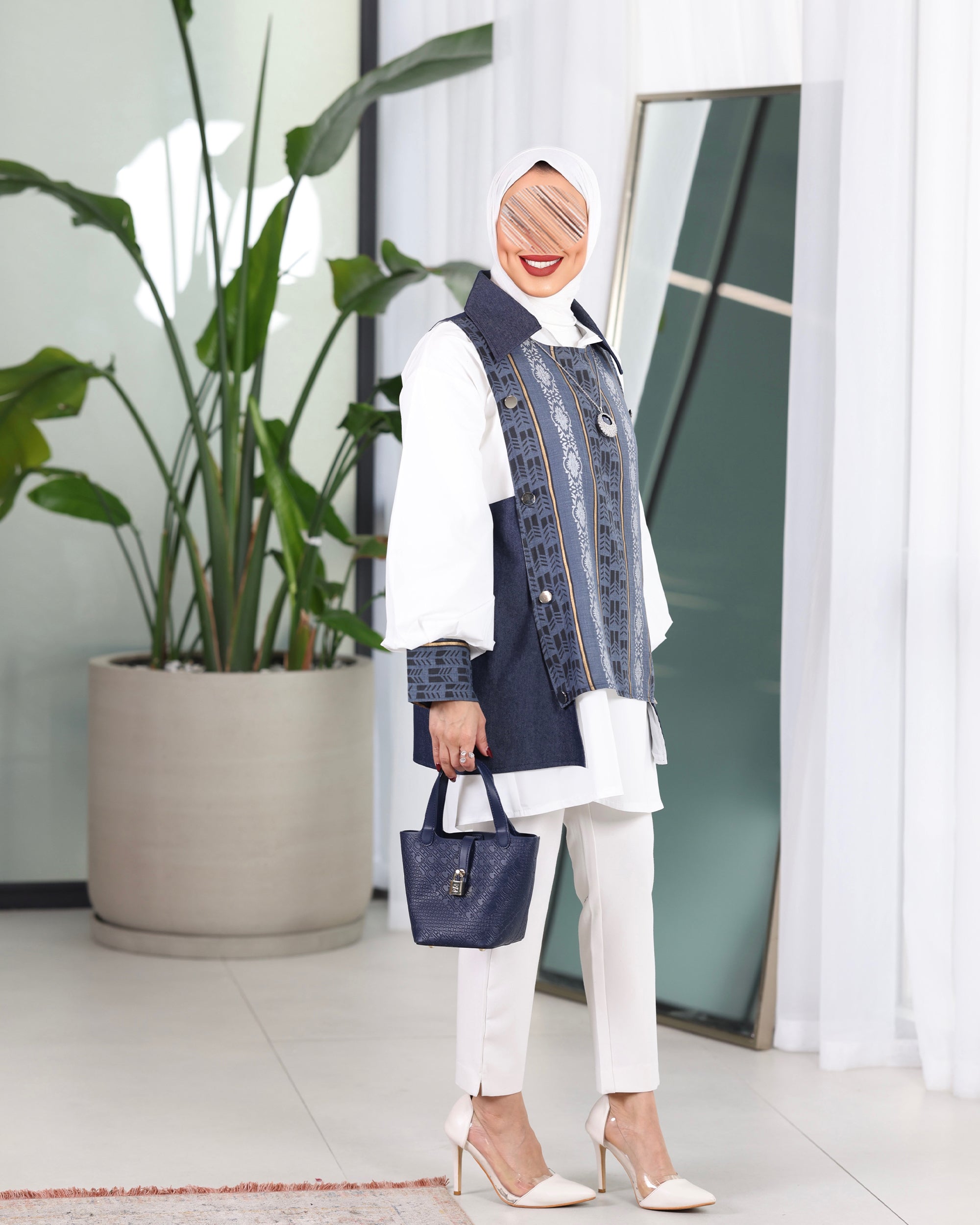 Shirt Model 1095 - Poplin & Jeans - Blue & White