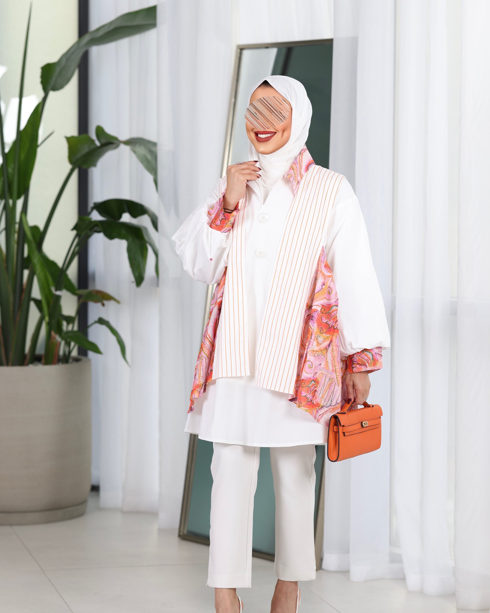 Shirt Model 1096 - Poplin & Linen - White & Pink