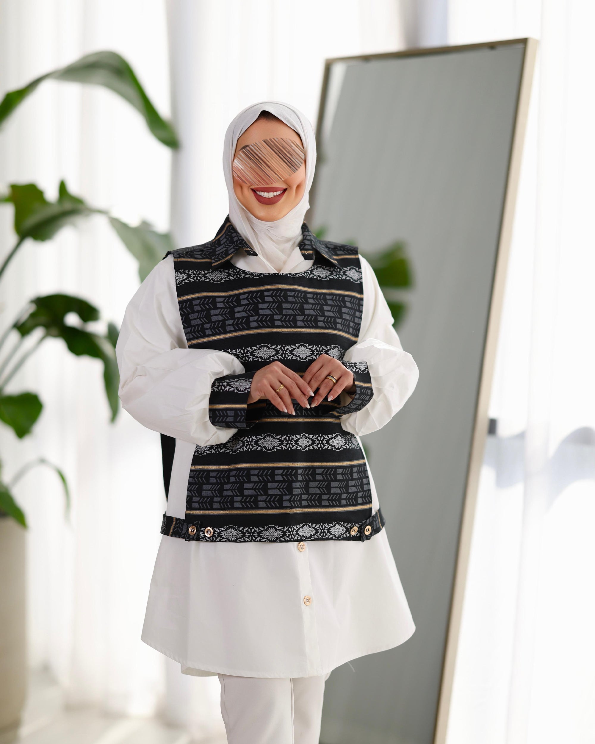 Shirt & Vest Model 1103 - Poplin & Linen - White & Black