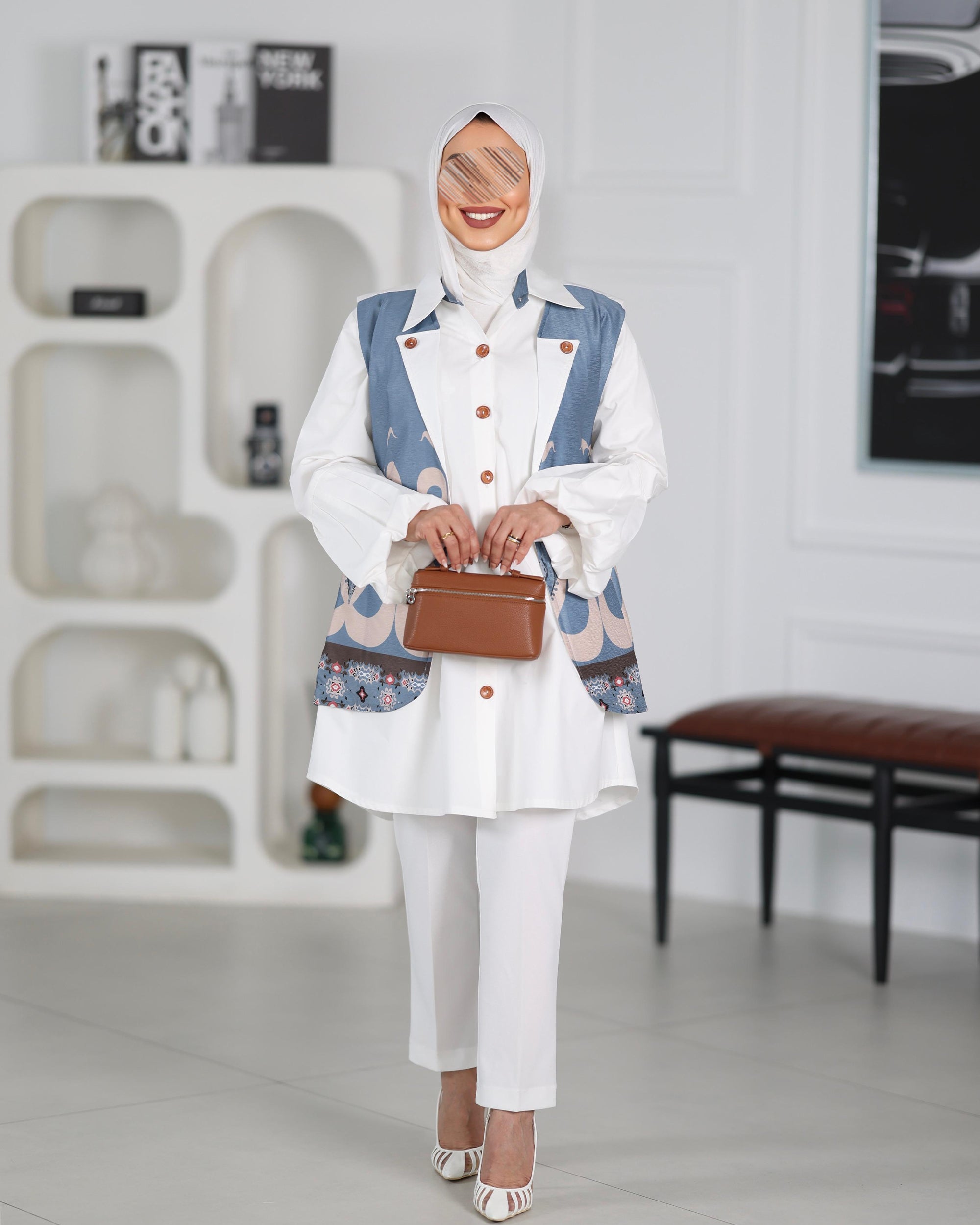 Shirt Model 1104 - Poplin & Turkish Cotton - White & Blue