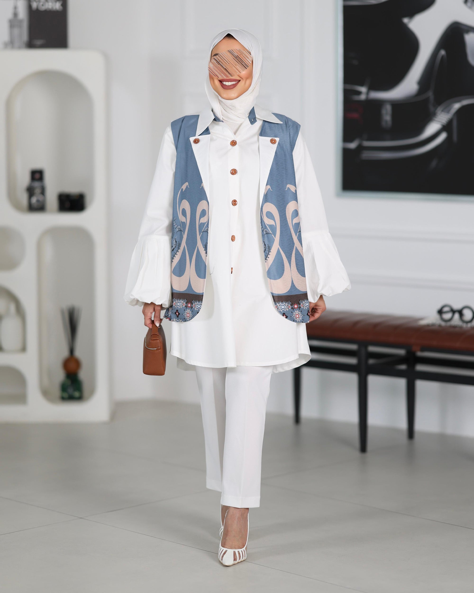 Shirt Model 1104 - Poplin & Turkish Cotton - White & Blue