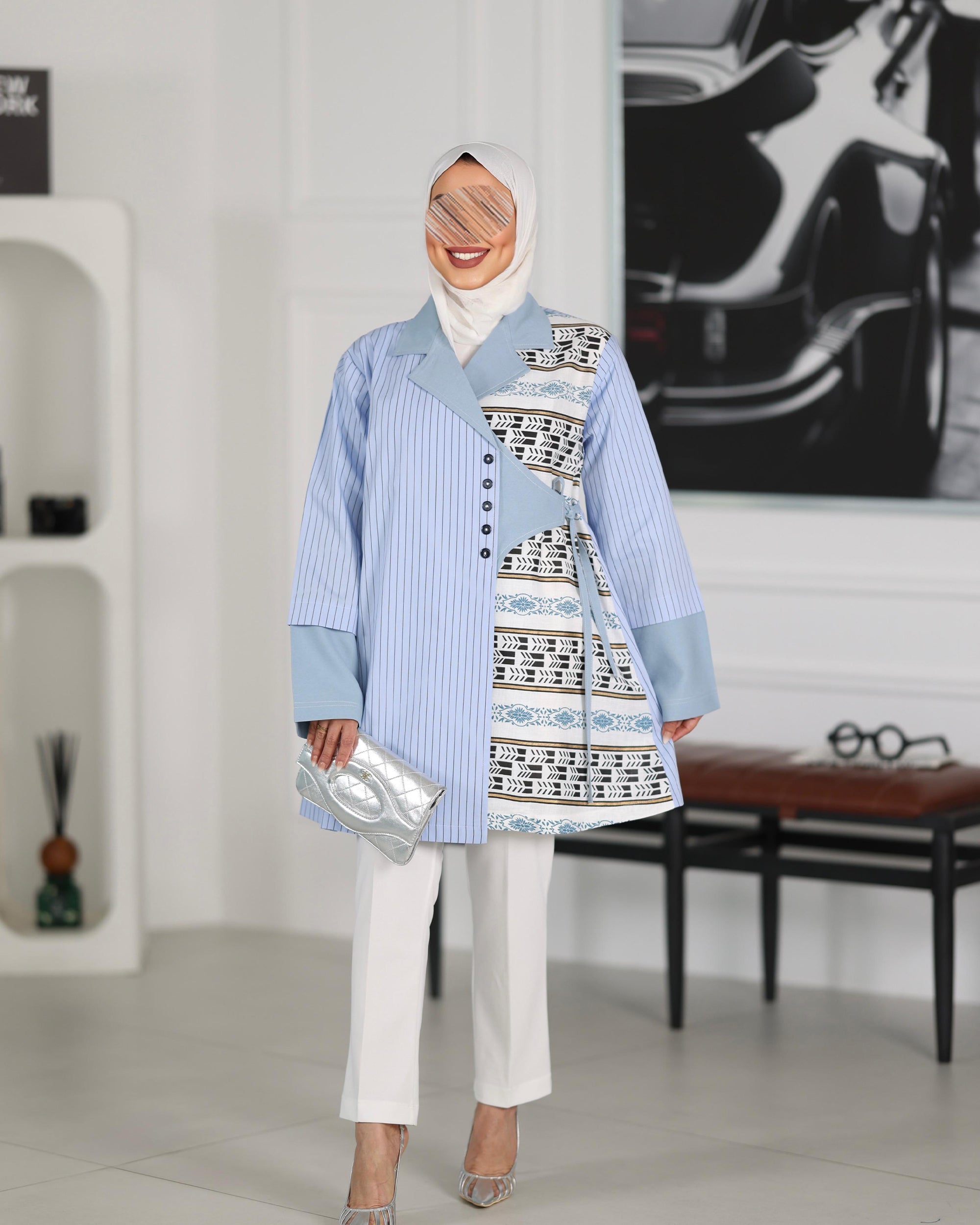 Shirt Model 1108 - Poplin & Linen - Light Blue