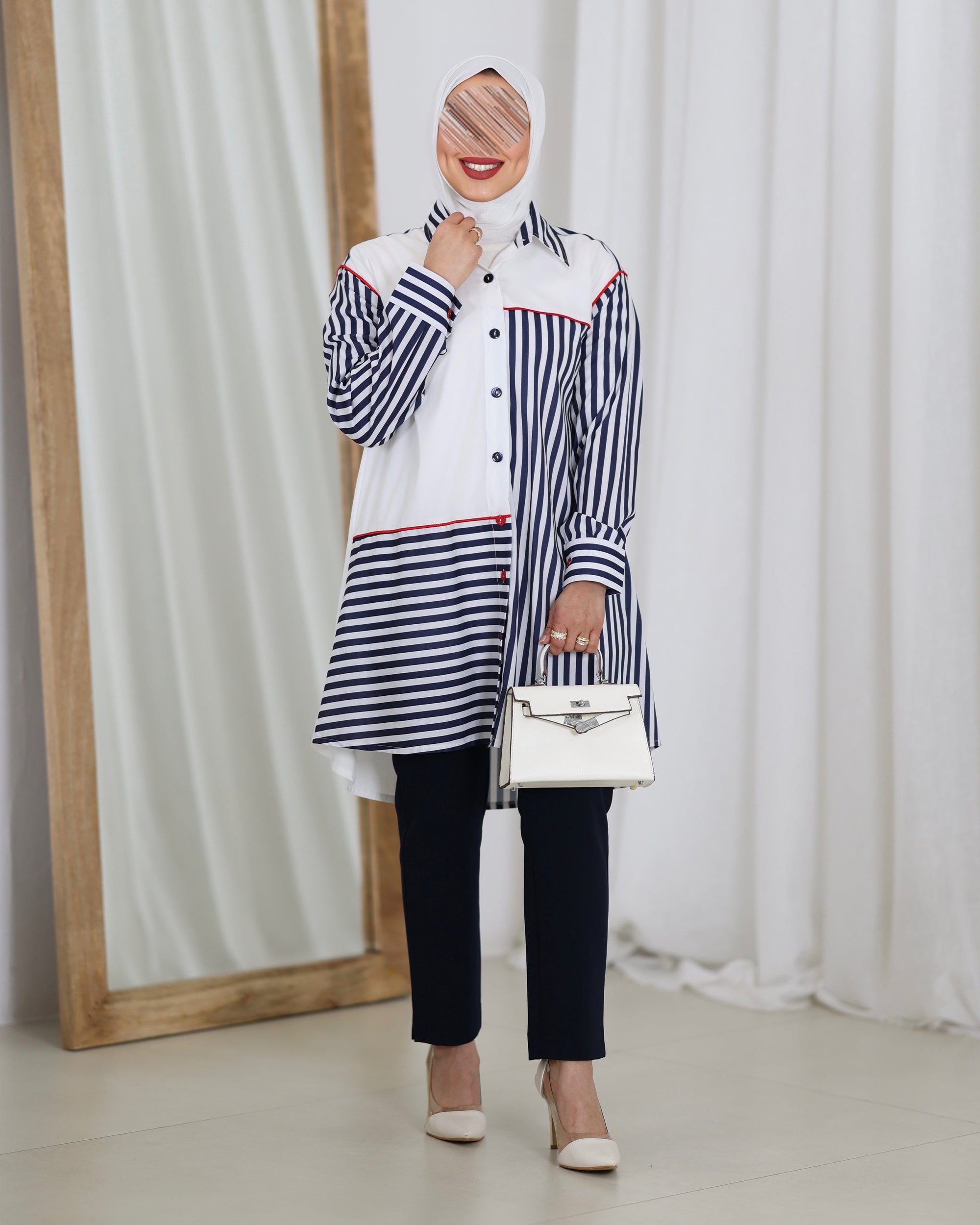 قميص موديل 1118 - بوبلين - أبيض وأزرق