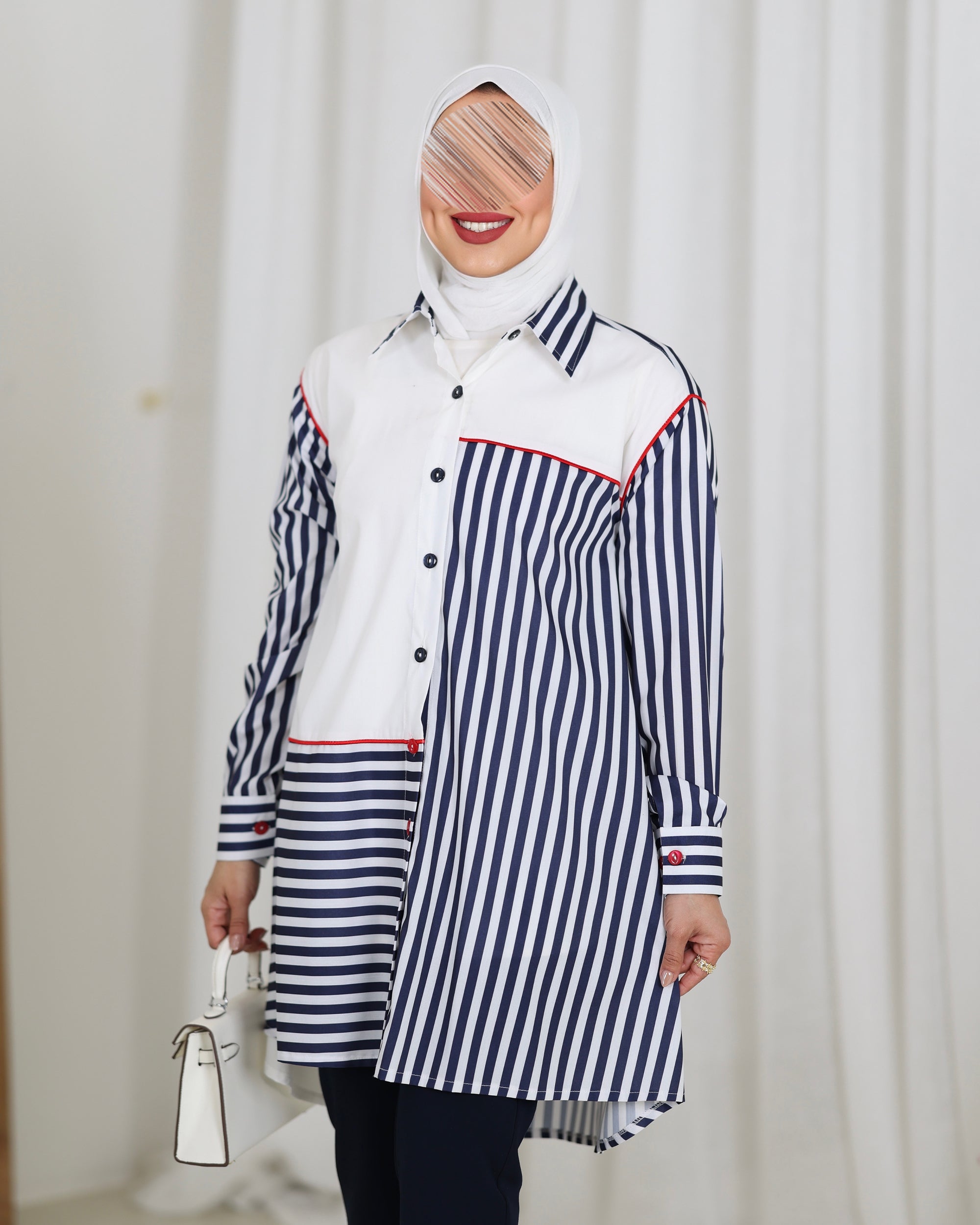 قميص موديل 1118 - بوبلين - أبيض وأزرق