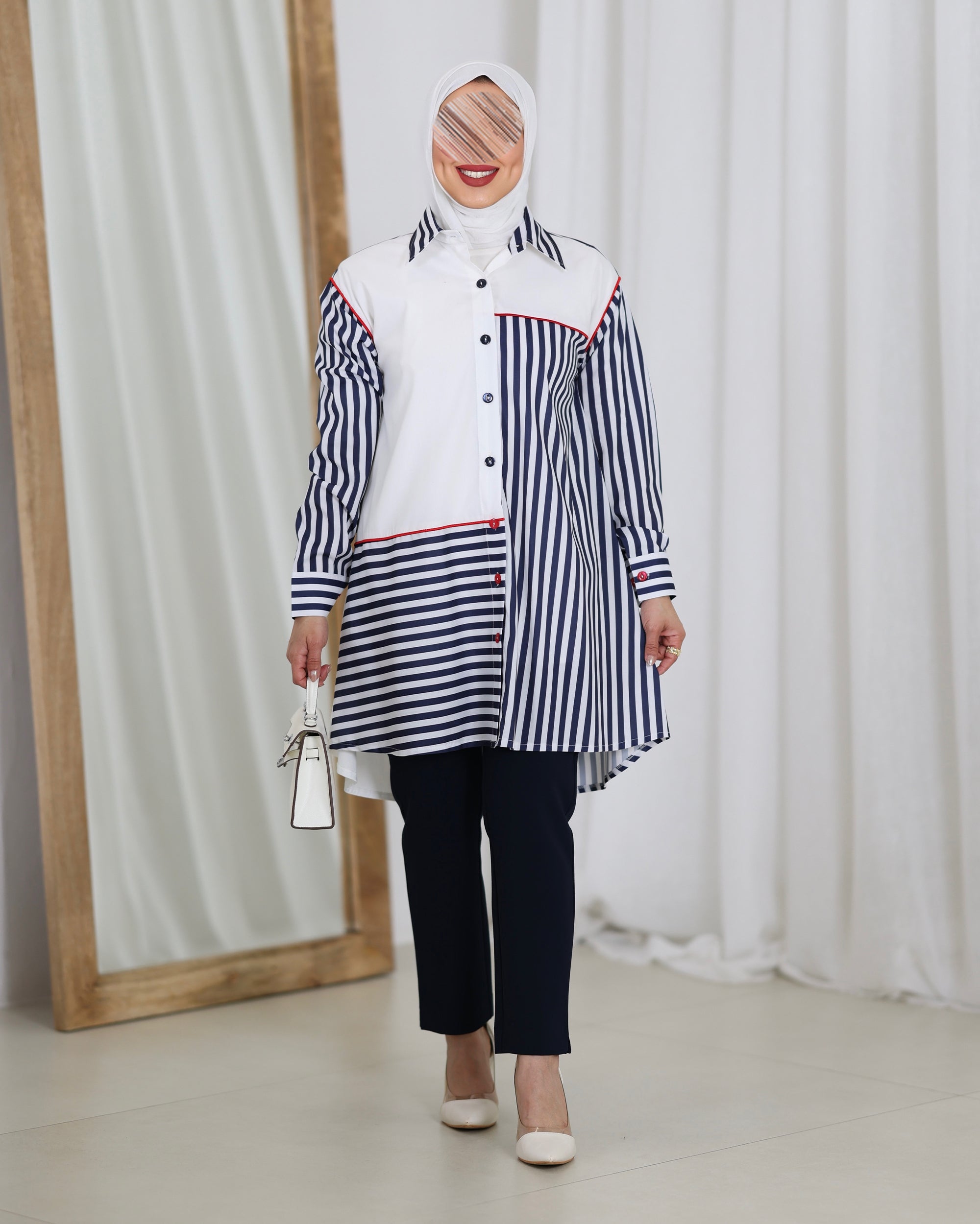 قميص موديل 1118 - بوبلين - أبيض وأزرق