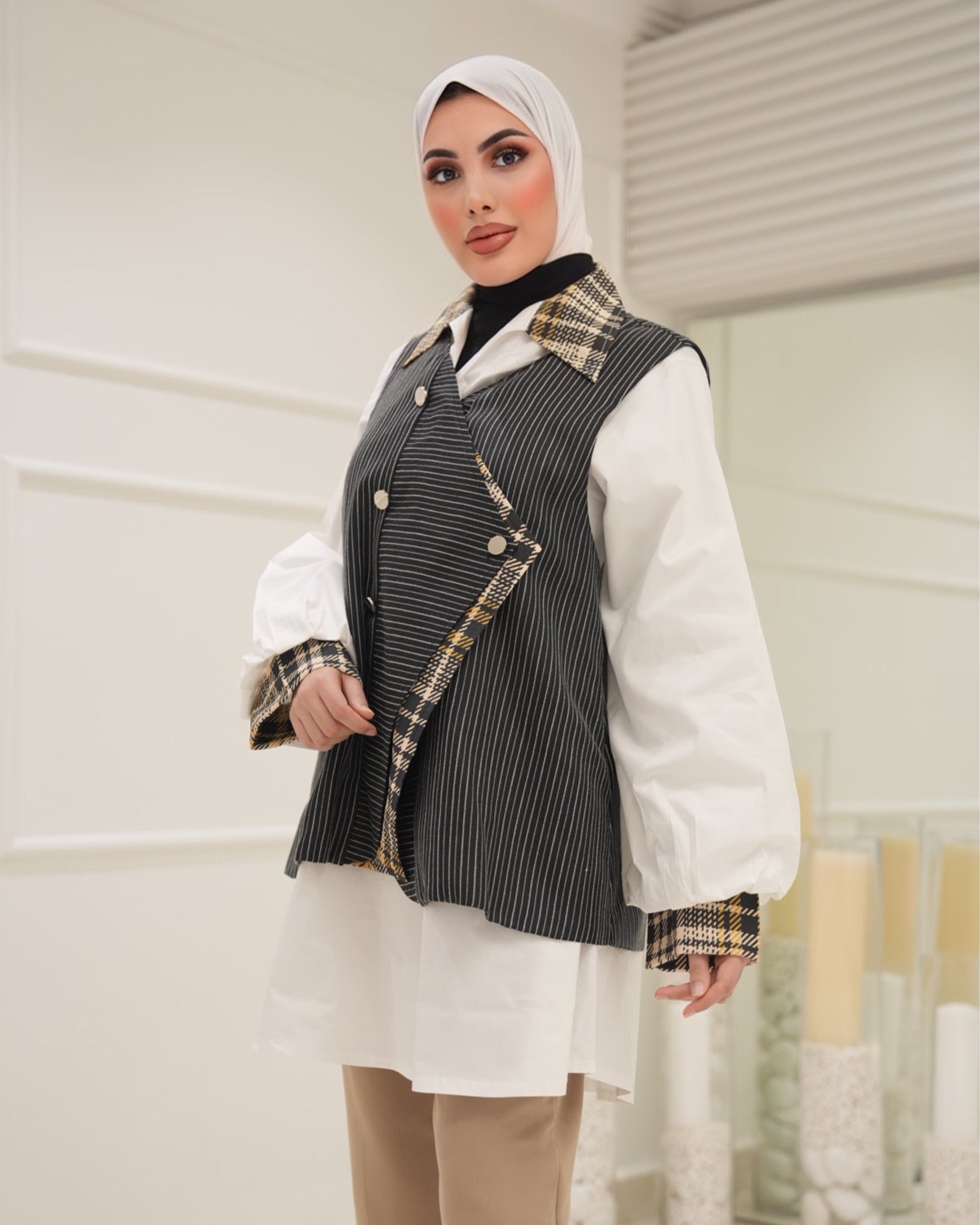 قميص و فيست موديل 1122 - بوبلين - أبيض وأسود