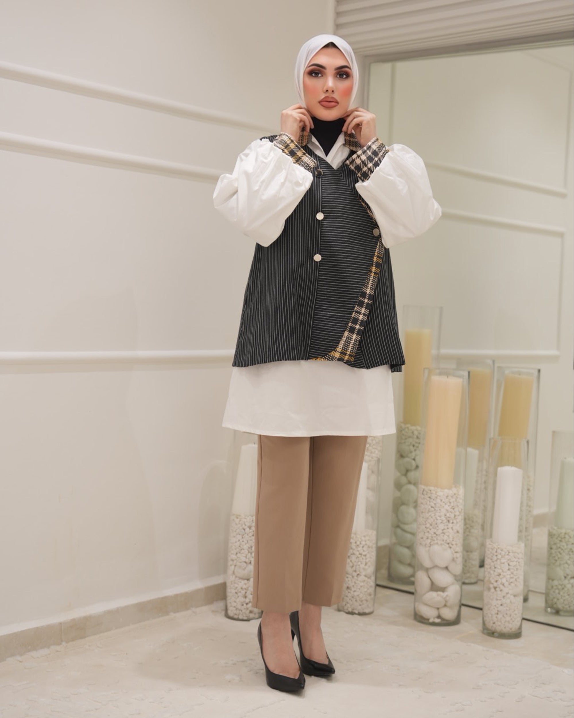 قميص و فيست موديل 1122 - بوبلين - أبيض وأسود