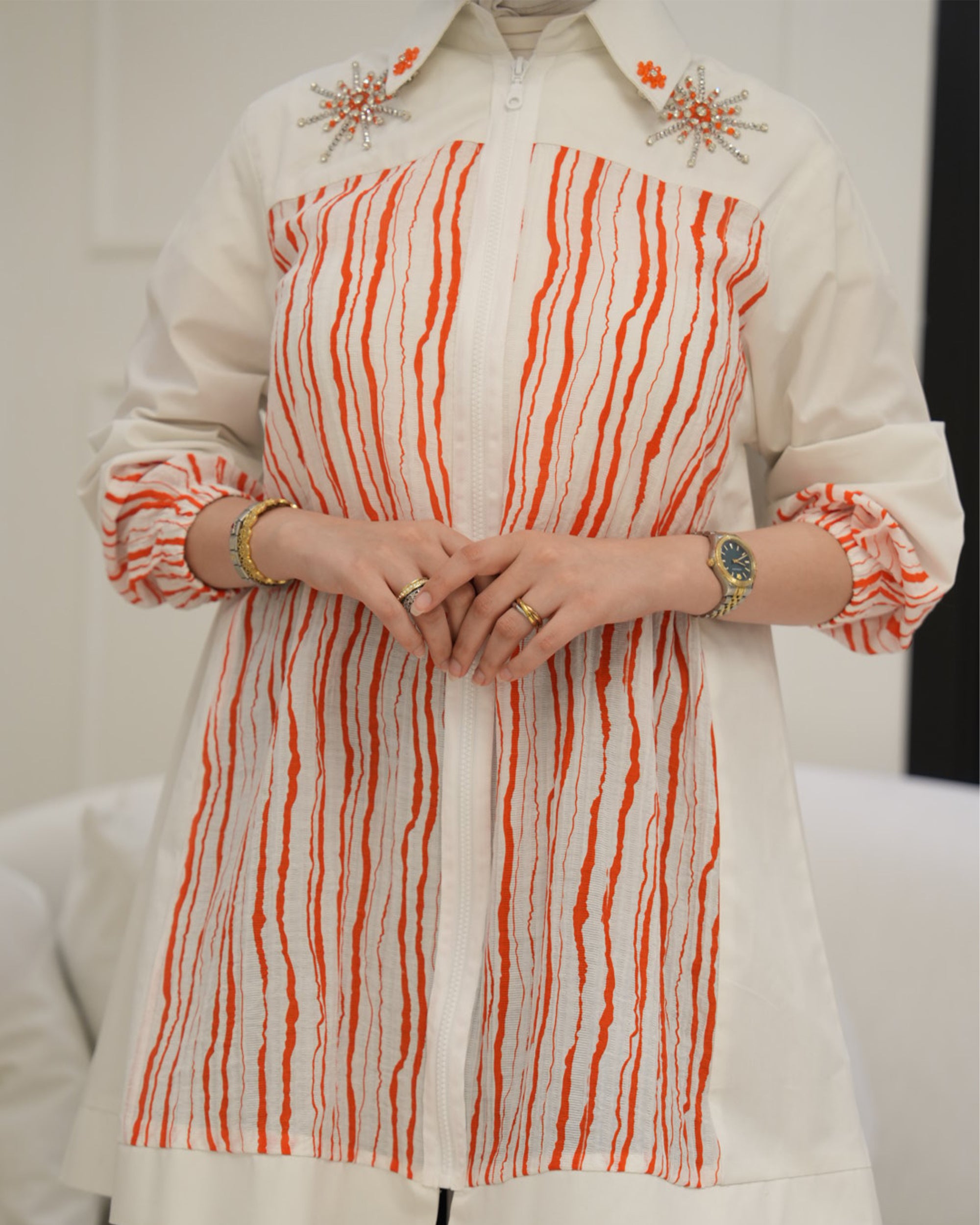 Shirt Model 1129 - Poplin - White & Orange