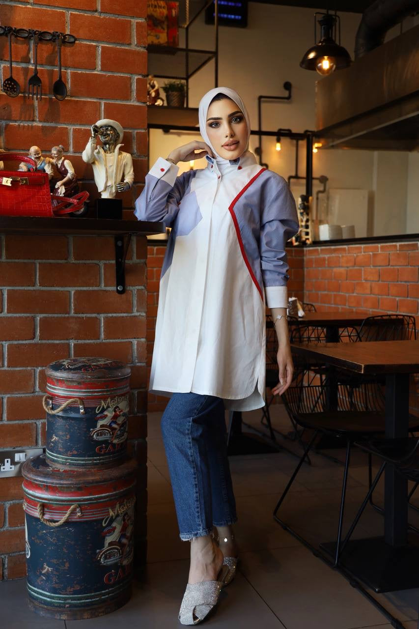 Shirt Model 1037 - Poplin - White & Blue