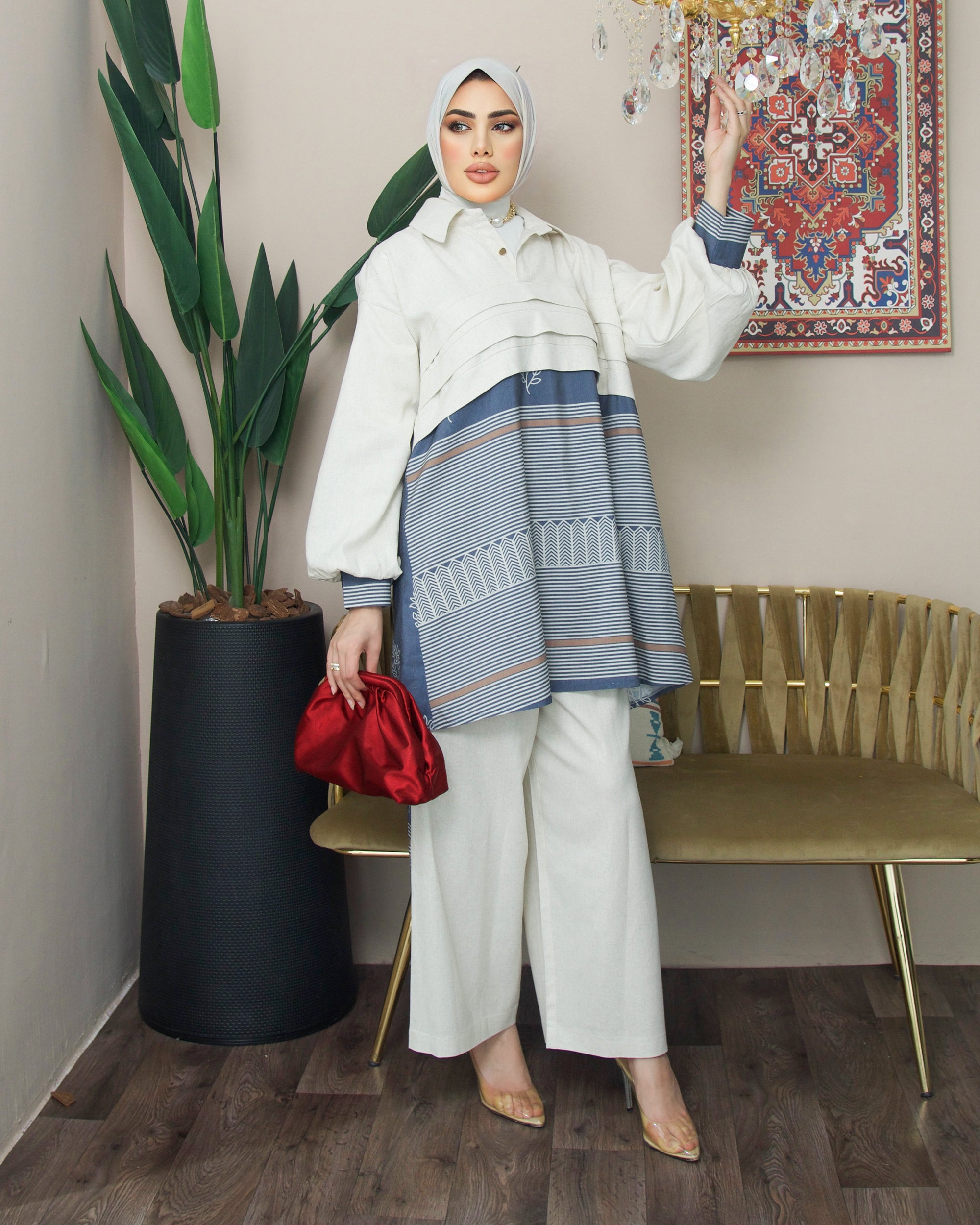Shirt & Pants Model 1042 - Linen & Cotton - White & Blue