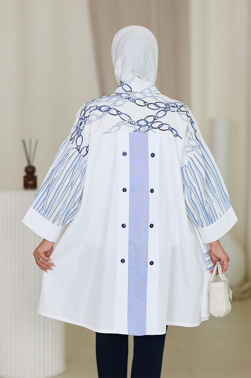 Shirt Model 1076 - Poplin & Turkish Cotton - White & Blue