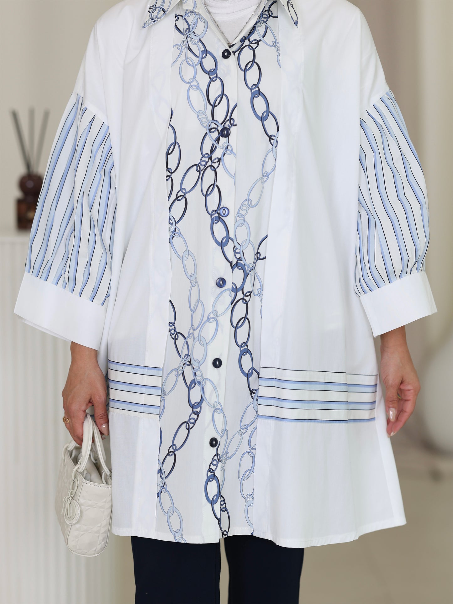 Shirt Model 1076 - Poplin & Turkish Cotton - White & Blue