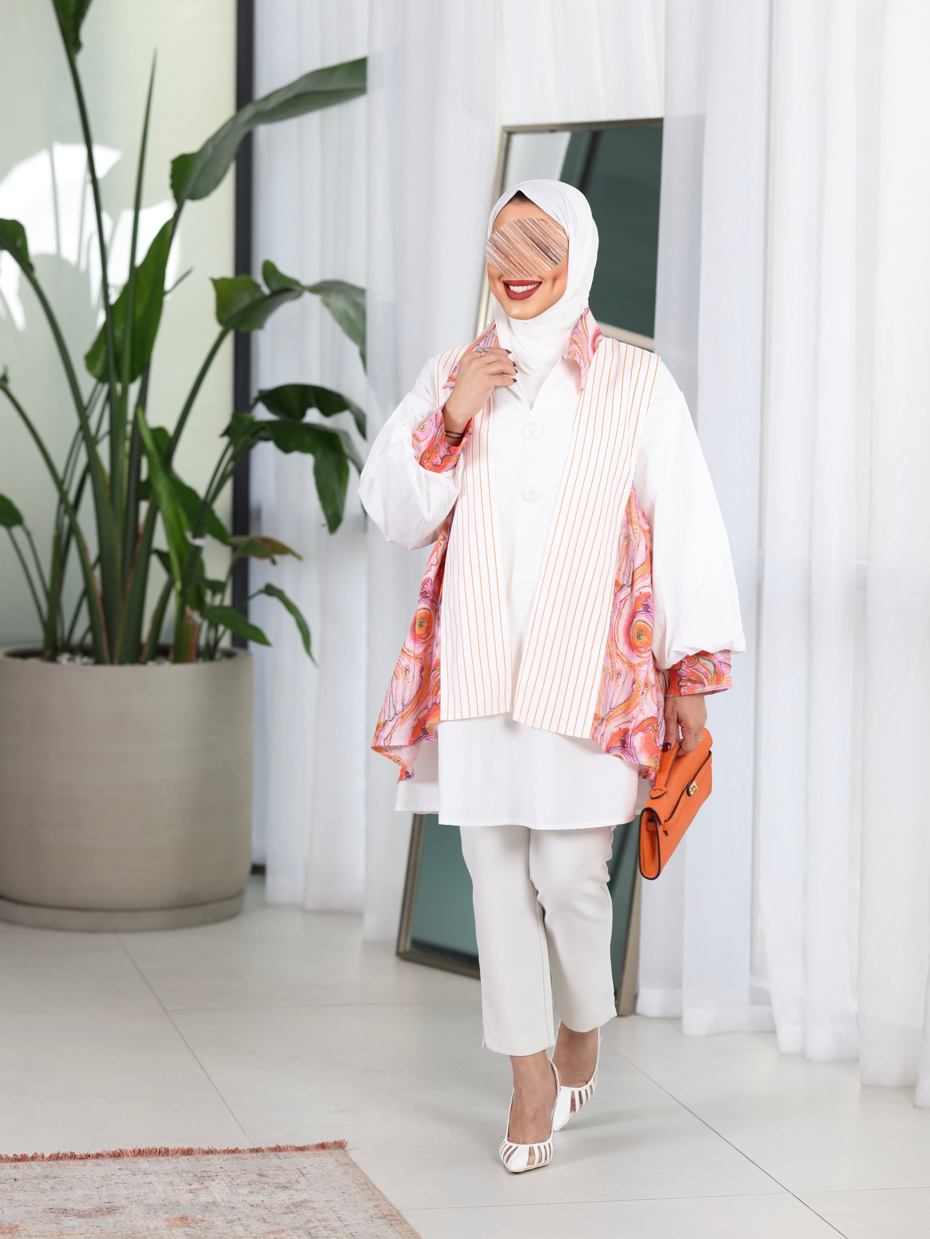 Shirt Model 1096 - Poplin & Linen - White & Pink