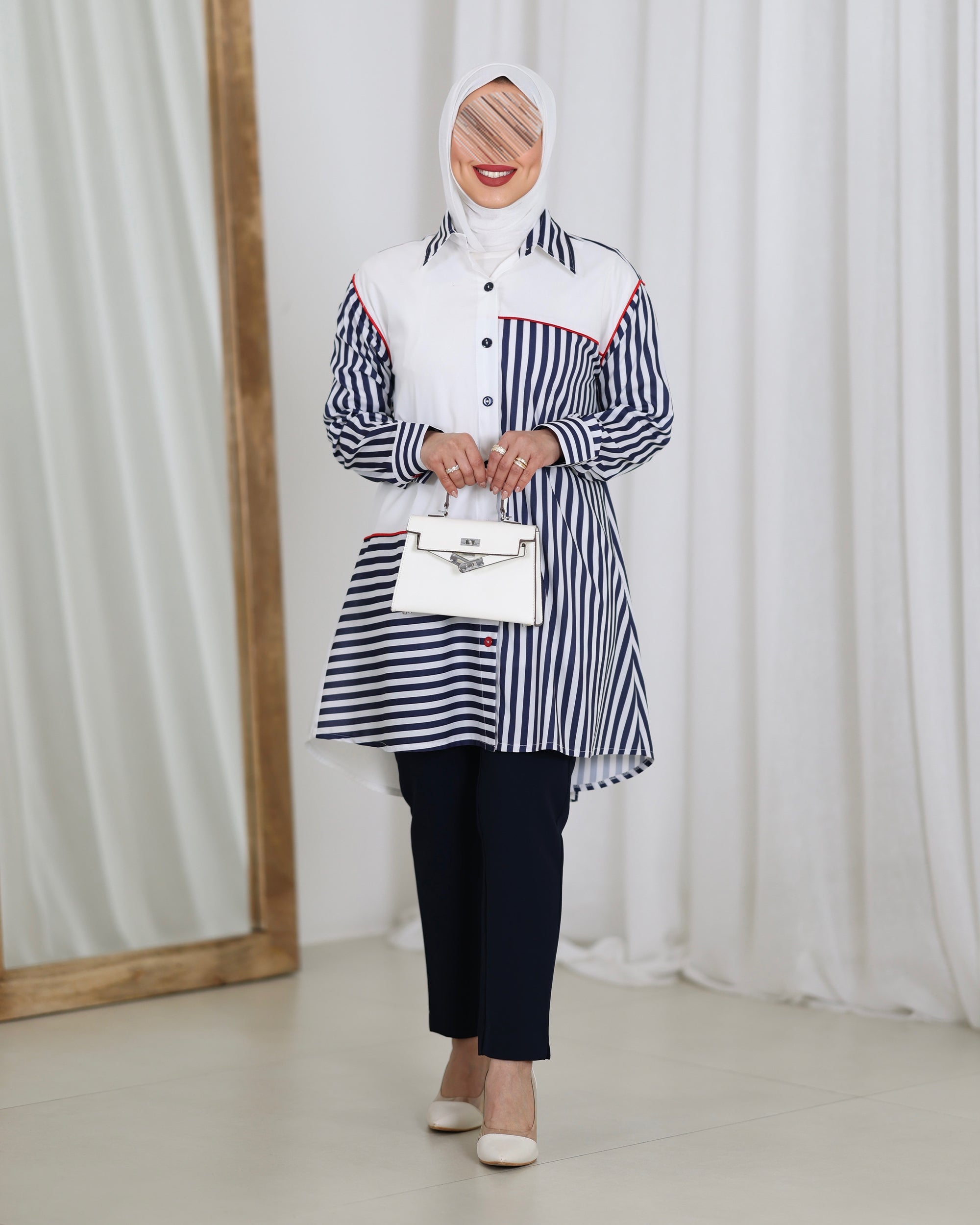 قميص موديل 1118 - بوبلين - أبيض وأزرق