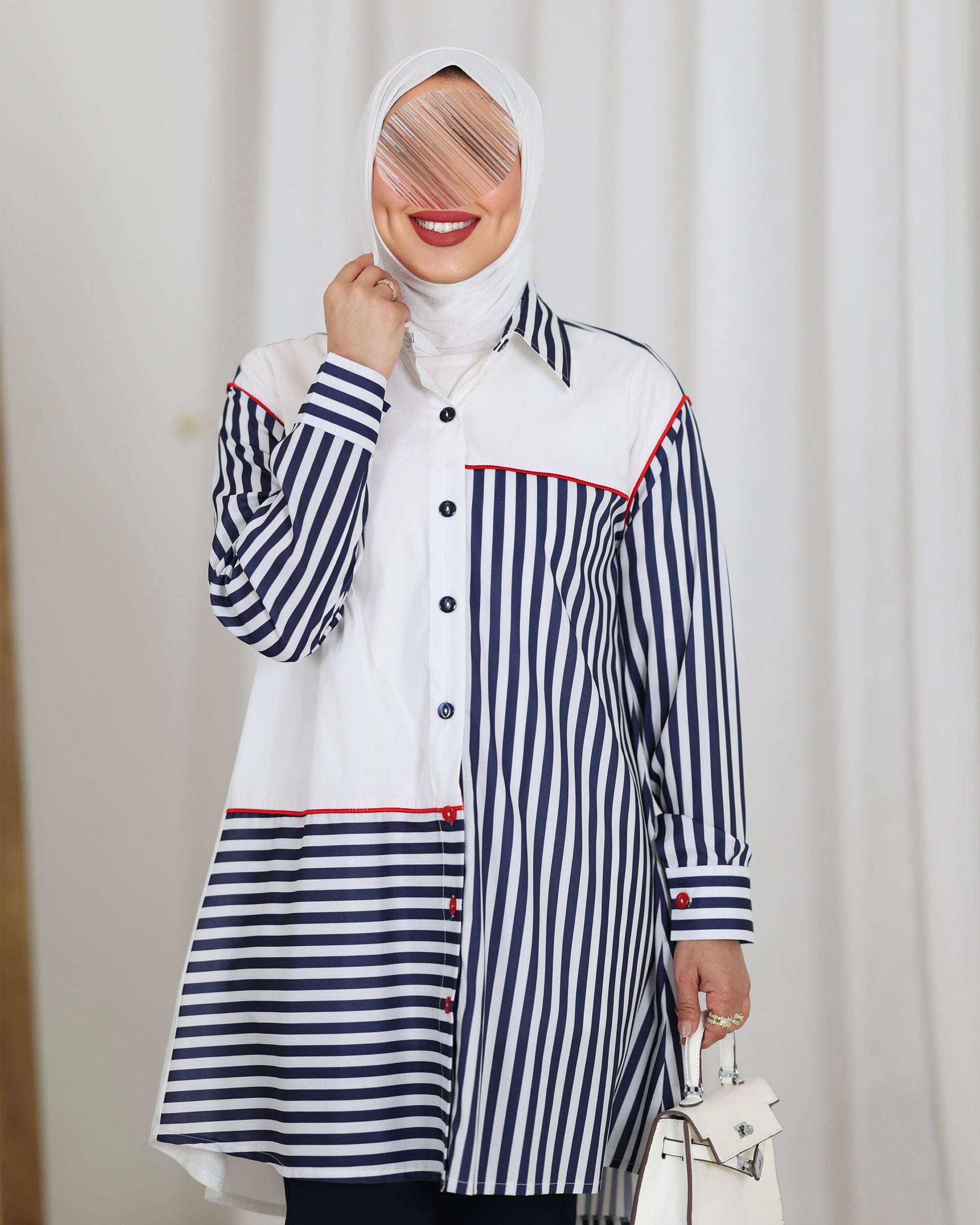 قميص موديل 1118 - بوبلين - أبيض وأزرق