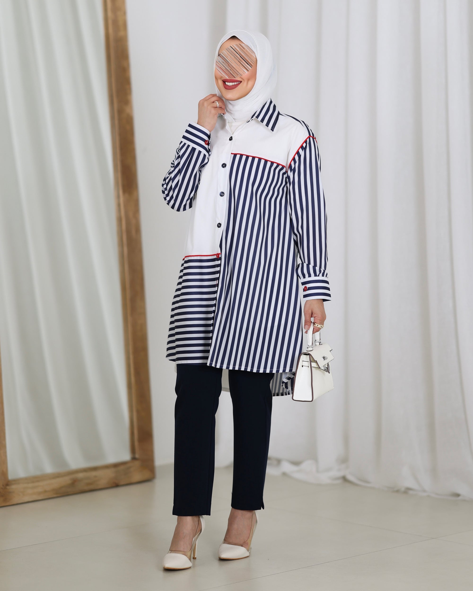 قميص موديل 1118 - بوبلين - أبيض وأزرق