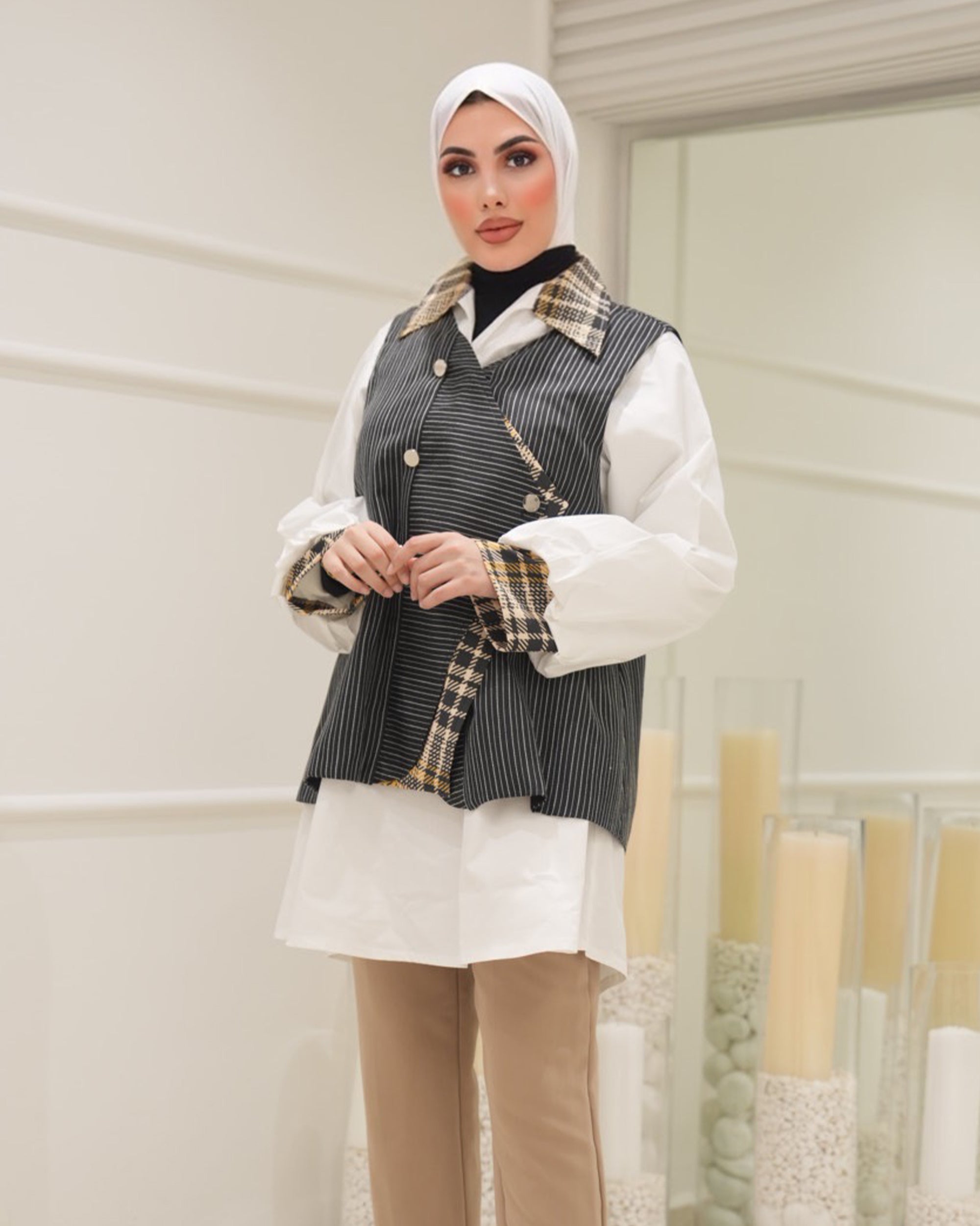 قميص و فيست موديل 1122 - بوبلين - أبيض وأسود